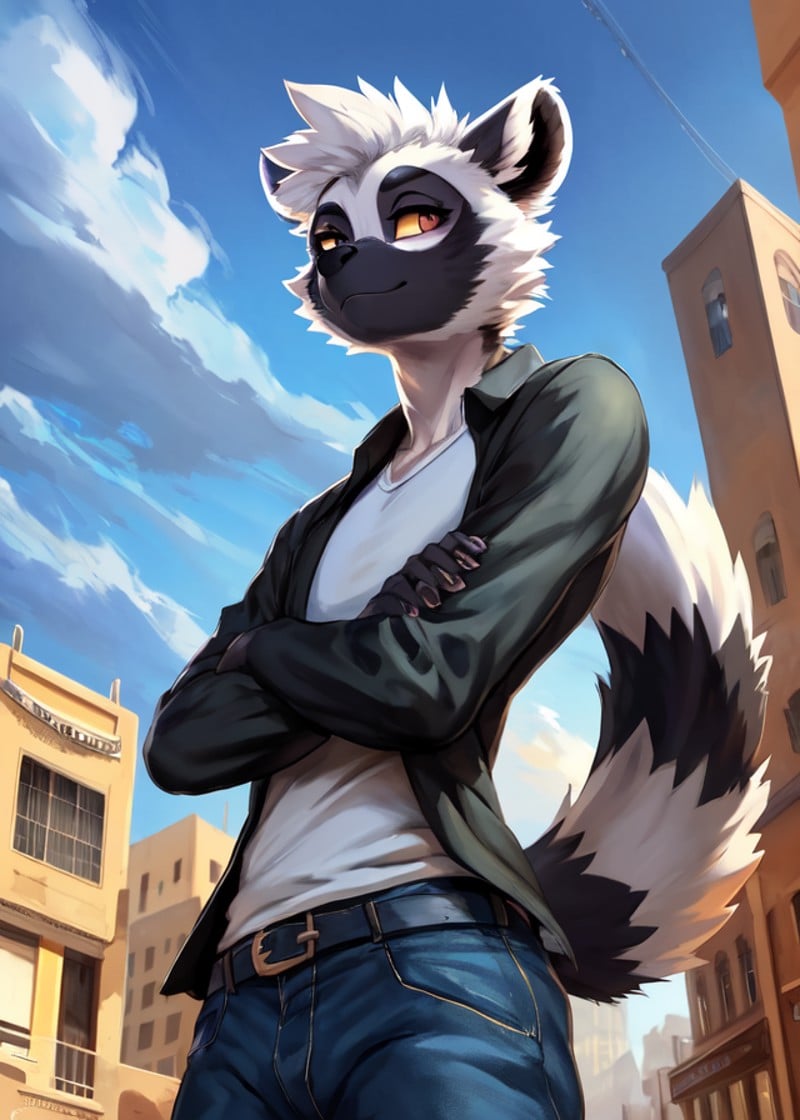 ([by Pngx \(artist\), by Viskasunya, by Etheross:by Chumbasket, by Cutesexyrobutts, by Juiceps:by Hokusai, by Butterchalk:0.35]),solo athletic male (((tangle the lemur))), (denim, open clothing, crossed arms:1.25),(three-quarter view, half-length portrait, looking aside, low-angle view:1.25),BREAK,(street, desert city, storm:1.3), (car, building, sky, morning),(detailed background, depth of field, shadow, sunlight, ambient light on the body, backlighting),masterpiece, best quality, 4k, 2k, (intricate:0.9), (high detail, unreal engine:1.25), absurd res