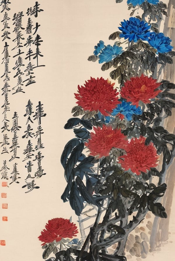 CNWCHS, flower, no humans, red flower, tree, chinese text, blue flower, leaf, yellow flower, plant, fine art parody,<lora:SD1.5_CNWCHS.1.0-000008:1>,