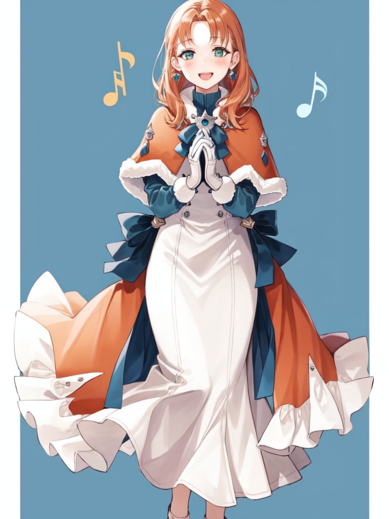 annette_war, 1girl, solo, long hair, blush, smile, open mouth, gloves, long sleeves, dress, jewelry, green eyes, full body, earrings, white gloves, white dress, fur trim, capelet, own hands together, musical note