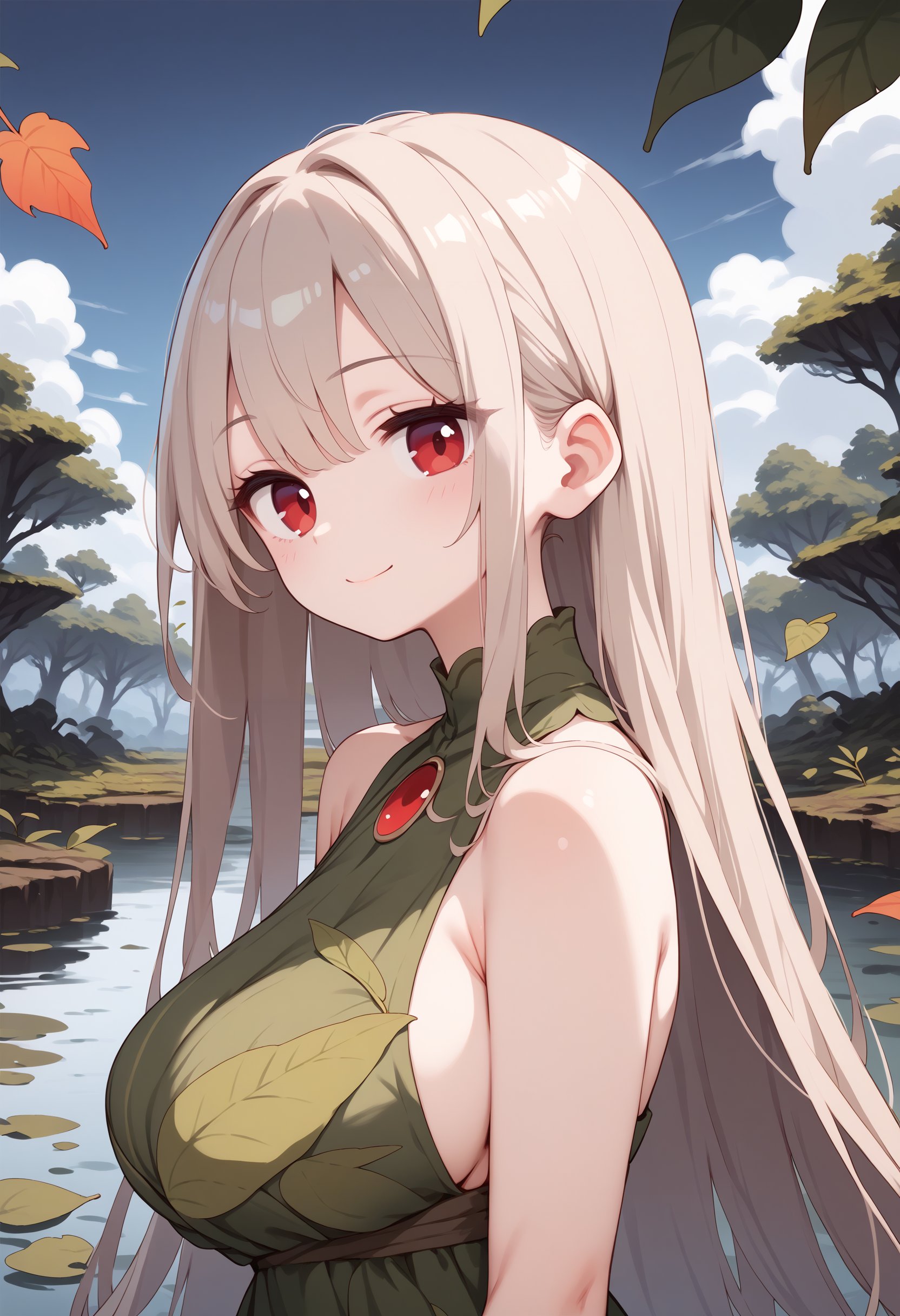 score_9, score_8_up, score_7_up, score_6_up, score_5_up, score_4_up, 1girl, large breasts, red eyes, very long hair, swamp, dark cloudy sky, leaf dress, upper body, from side, looking at viewer, slight smile