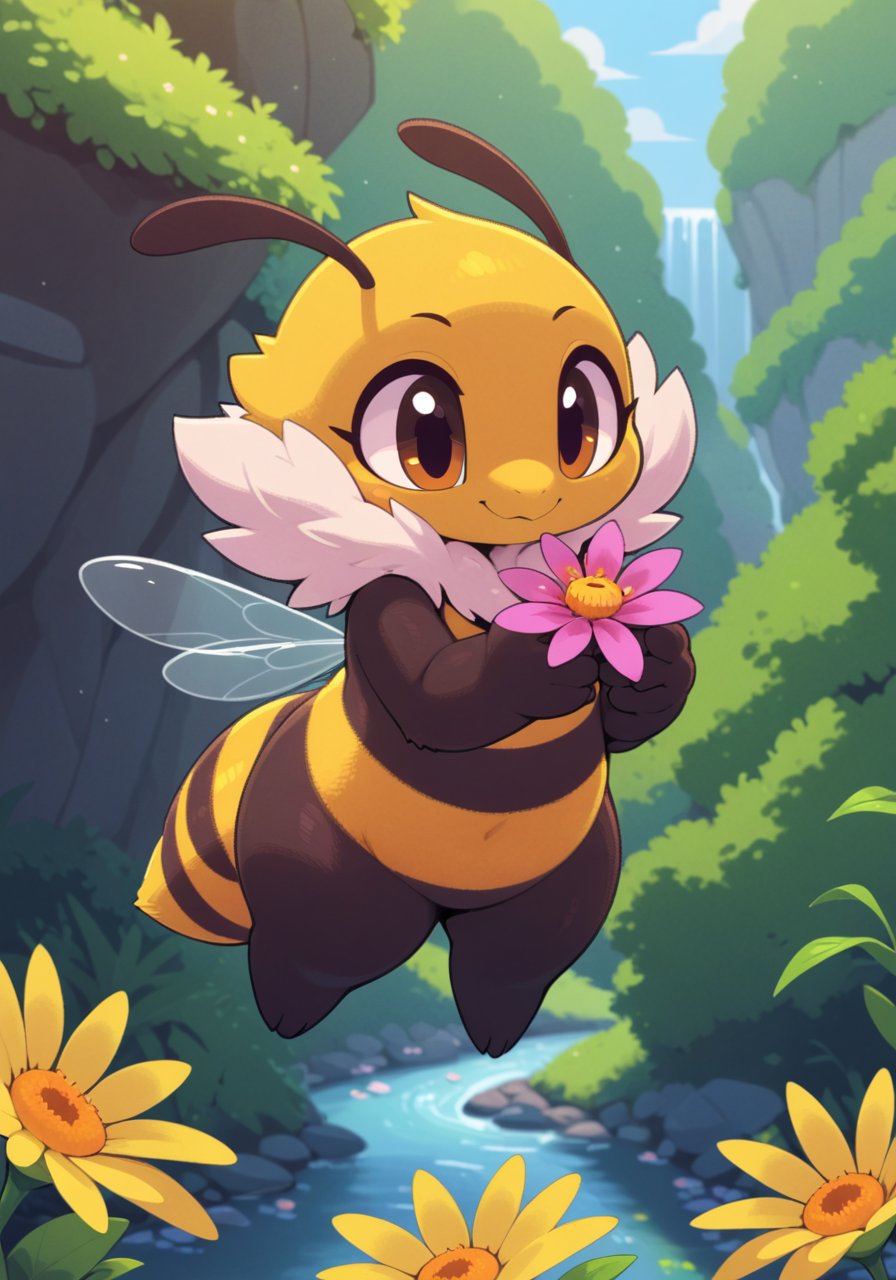 bumble bee \(species\), flying, micro, half-length portrait, fluffy fur, BREAK, by Argon Vile, by Diives, by Frumples, detailed background, detailed foreground, depth of field, ambient silhouette, backlighting, flower, plant, river