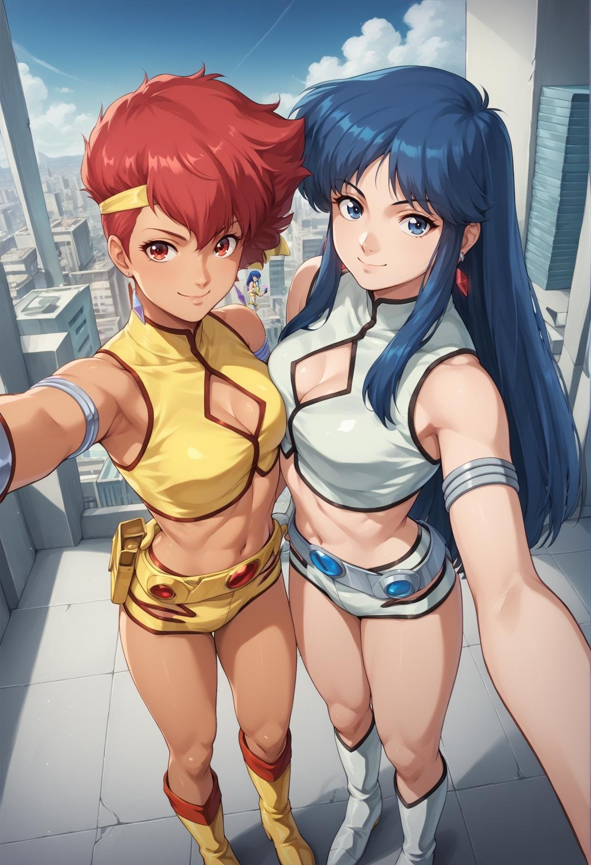 2girls, kei, dark skin, short hair, red hair, red eyes, hairband, earrings, jewelry, grey top crop, clothing cutout, single glove, wristband, armband, grey shorts, belt, Thigh Boots, grey footwear, dpyuri, pale skin, long hair, blue hair, blue eyes, yellow top crop, clothing cutout, yellow shorts, Boots, yellow footwear, smile, looking at viewer, outdoors, city, science fiction,  selfie <lora:Dirty_Pair_XL:1>, score_9, score_8_up, score_7_up, score_6_up, score_5_up, score_4_up, BREAK source_anime, masterpiece