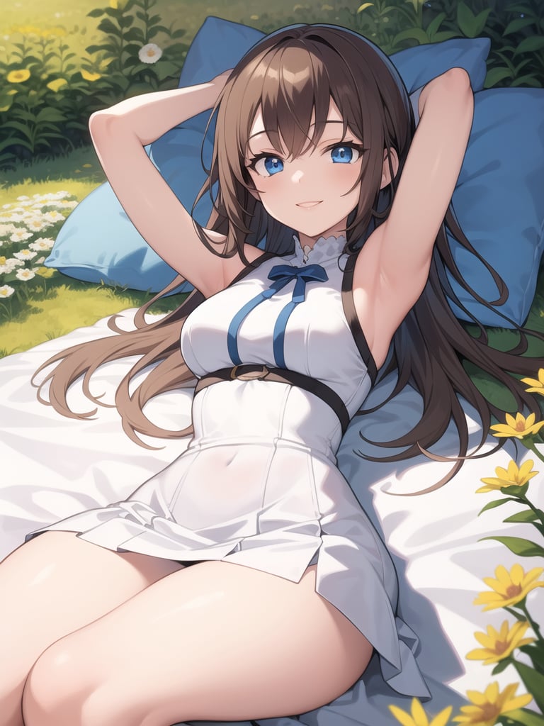 masterpiece,best quality,detailed,1girl,lying down,arms behind head,pillow,flower field,clouds,white two tone dress,skirt,medium breasts,brown hair,blue eyes,smile,thighs