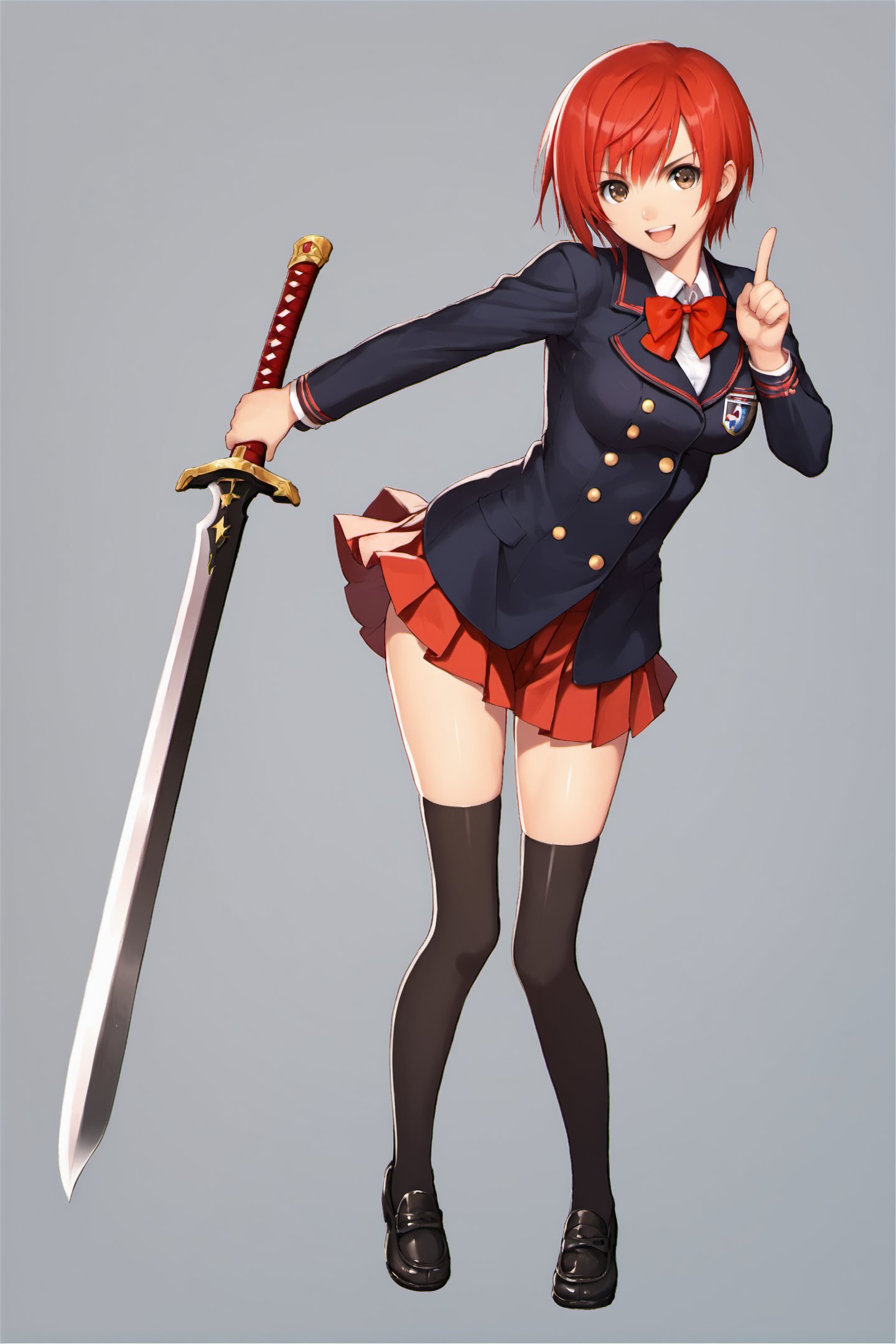 1girl,solo,thighhighs,skirt,weapon,sword,simple background,zettai ryouiki,full body,shoes,holding,looking at viewer,short hair,open mouth,school uniform,pleated skirt,holding weapon,black thighhighs,white background,holding sword,smile,jacket,bow,brown eyes,medium breasts,standing,long sleeves,buttons,bangs,pointing,red hair,blazer,bowtie,pointing at viewer,breasts,miniskirt,shiny,black footwear,score_8_up,score_9,<lora:TONY_XL_PONY:0.9>,