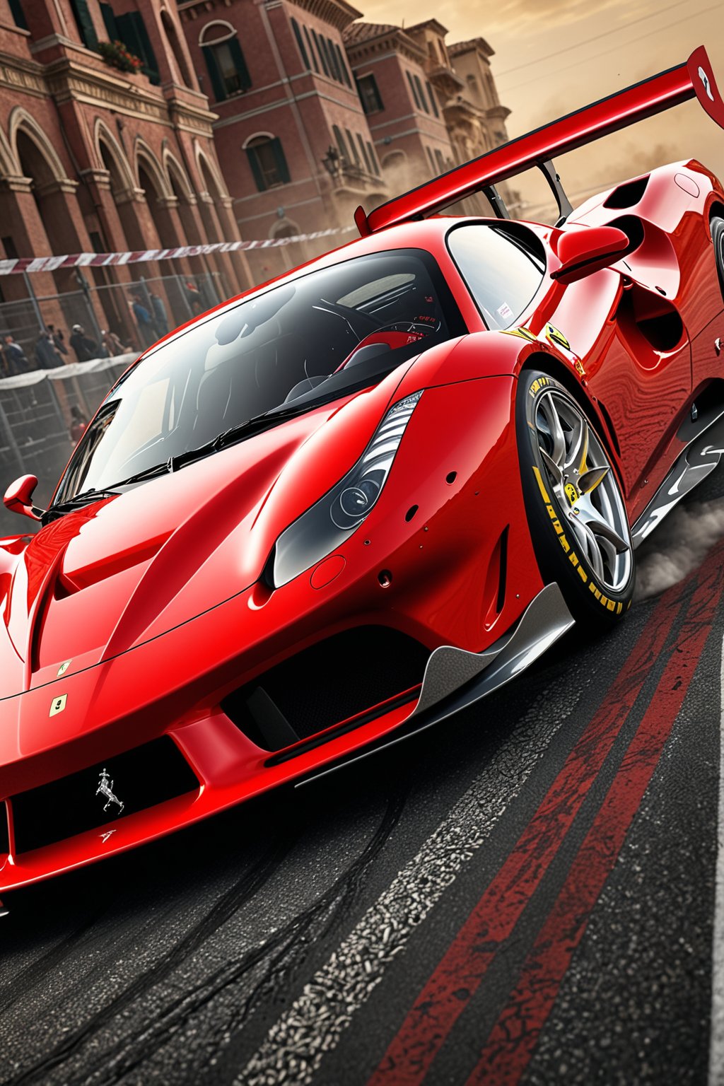 dynamic angle, masterpiece, award winning picture, Ferrari car racing, fantasy background, hyper detailed, intricate, poster, artstation, epic, ultra detail, intricate details