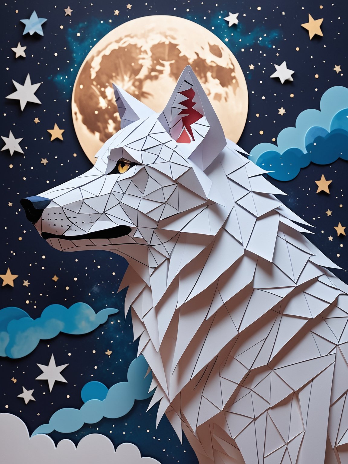 a wolf made of paper in the sky with constellations and the moon and stars and nebulas