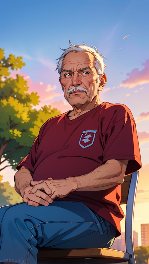 (best quality, masterpiece, highres:1.2), (80yo Old Man), friendly face, sitting in public park, sunset lighting, serene atmosphere, (intricate details), (front view), (ultra-detailed body)