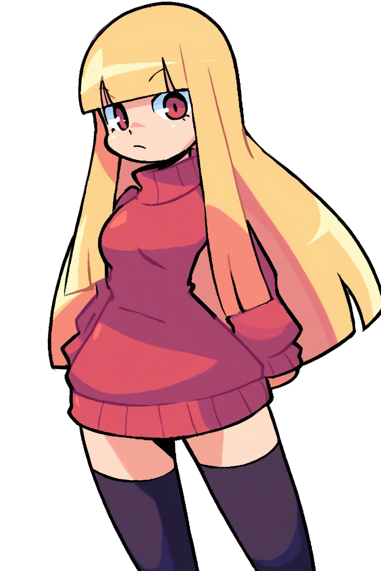 white background, standing, 1girl, blonde hair, long hair, blunt bangs, hime cut, shiny hair, sweater, thighhighs, <lora:bacun_style:1>