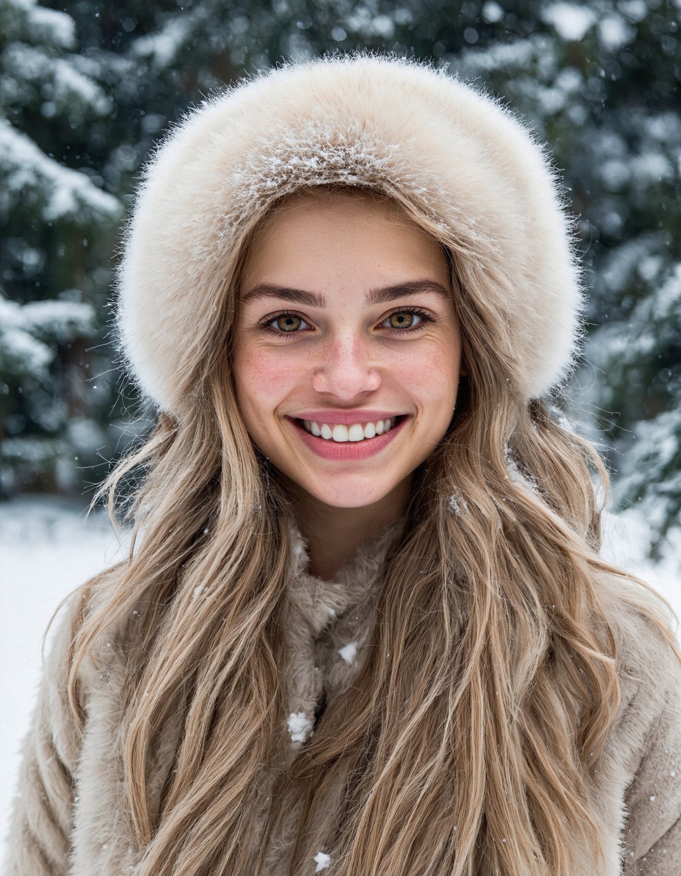 (best quality, 4k, 8k, highres, masterpiece:1.2), ultra-detailed, (realistic, photorealistic, photo-realistic:1.37), portrait, beautiful and smiling caucasian woman, cinematic, winter clothes, Ondas e Nuances, detailed symmetric hazel eyes, circular iris, vivid colors, winter scenery, soft snowflakes falling, icy breath, rosy cheeks, pure white background, subtle warm lighting, innocence and radiance, sparkling eyes, joyful expression, luxurious fur trim on the clothing, frosty winter air, subtle wind blowing through her hair, subtle hint of pink in her lips, elegant posture, confident stance, delicate snowflakes decorating her hair, long flowing blonde hair, wonder and serenity in her gaze, captivating beauty, snow-covered trees in the background, peaceful and enchanting winter scene.