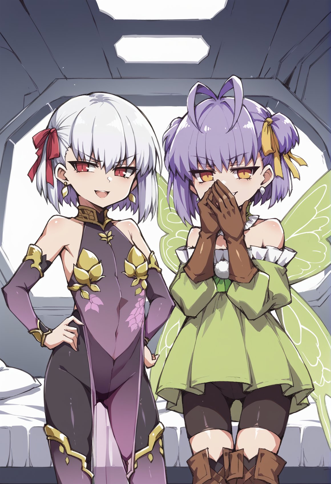 2girls, upper body, close-up, standing, looking at viewer, indoors, spacecraft interior, bed, plant, white walls, 1girl, small breasts, short hair, white hair, red eyes, red hair ribbon, earrings, jewelry, bare shoulders, purple pelvic curtain, see-through, (bike shorts), detached sleeves, Thighhighs, disgust, smile, open mouth, hand on own hip <lora:Kama_XL:0.8> BREAK2girls, upper body, close-up. standing, looking at viewer, indoors, spacecraft interior, bed, plant, white walls, 1girl, short hair, purple hair, antenna hair, twintails, single sidelock, yellow hair ribbon, purple eyes, detached collar, green dress, frills, bare shoulders, bike shorts, brown gloves, brown thigh boots, fairy wings, smug, covering mouth, smile, teeth  <lora:Muryan:0.8>  <lora:senbei_avocadochaya_XL:0.8>, score_9, score_8_up, score_7_up, score_6_up, score_5_up, score_4_up, BREAK source_anime, masterpiece