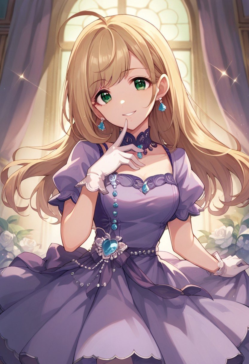 score_9, score_8_up, score_7_up, source_anime,satou shin, ahoge, green eyes, brown hair, 1girl, dress, gloves, blonde hair, earrings, long hair, solo, jewelry, looking at viewer, purple dress, smile, finger to mouth