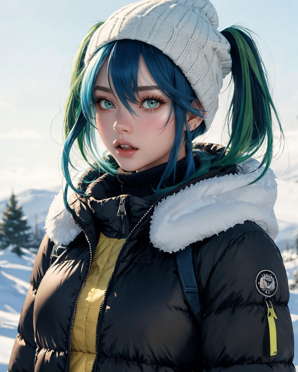 miqo'te,green hair,red hair,short hair,siriha,two-tone hair,tail,heterochromia,yellow eyes,green eyes,ears through headwear,beanie,winter,winter clothes,open mouth,gloves,cold,breath,winter jacket,winter clothes,winter uniform,slit pupils,, ,<lora:GoodHands-vanilla:1.2>,masterpiece, best quality, no default,