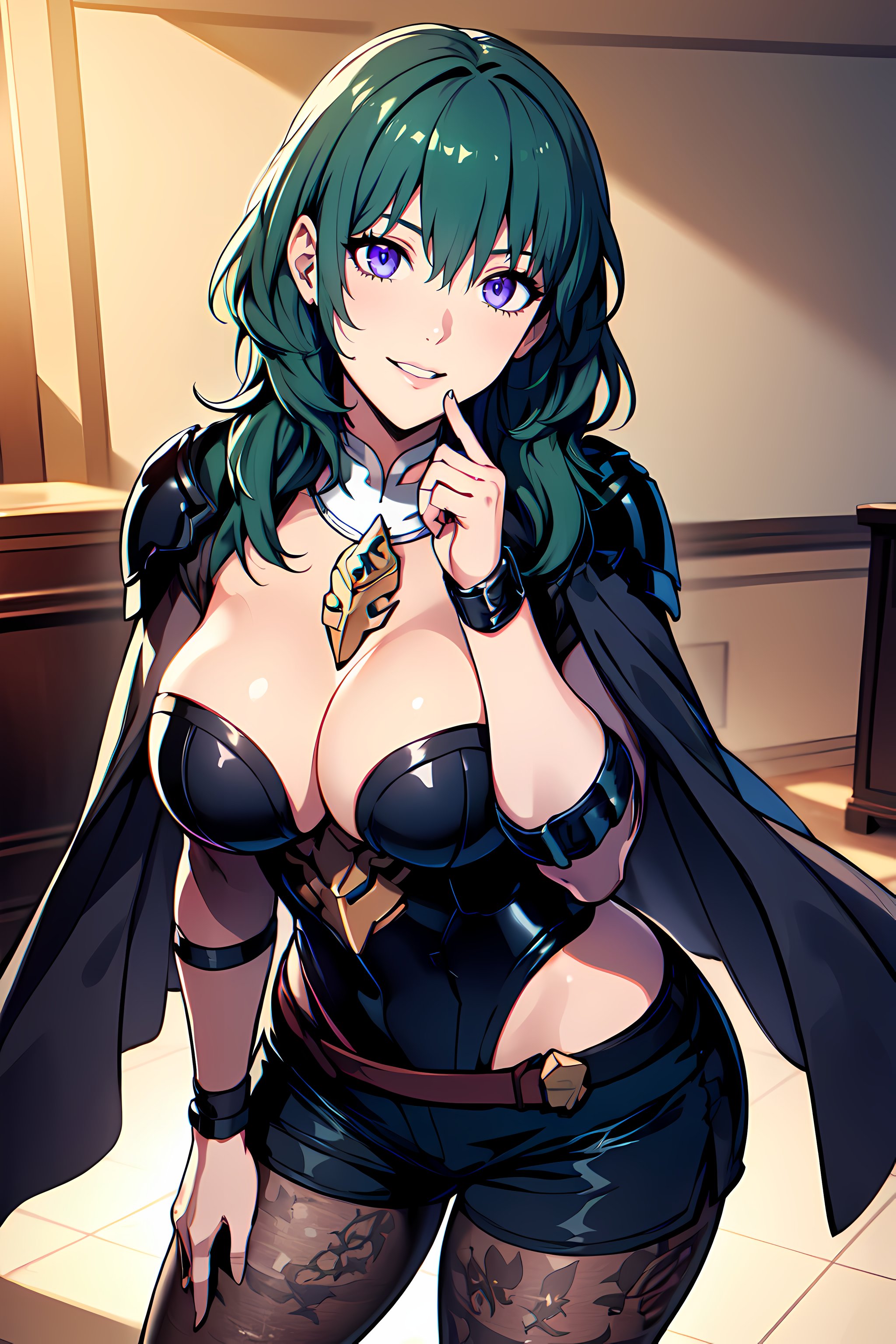 masterpiece,best quality, unreal engine, ultra res, extremely detailed,1girl, large breasts,  waist , (muscular:0.4) ,slender,<lora:Character_ort_byleth_fe3h_v0.8:0.7>byleth,deep green hair, amethyst eyesarmor, shorts, gauntlet, cape, pantyhose, floral print,watching at viewer, smile, parted lips, sexy pose,<lora:Style_hews_style:0.4>hews style <lora:Style_cutesexyrobutts_v2:0.>CSR STYLE<lora:Style_puuzaki-puuna-lora-v1:0.><lora:Style_anmnr01AOM3A1:0.2><lora:Concept_Round_Breasts_V7:0.2>ROUND BREASTS, medium  BREASTS