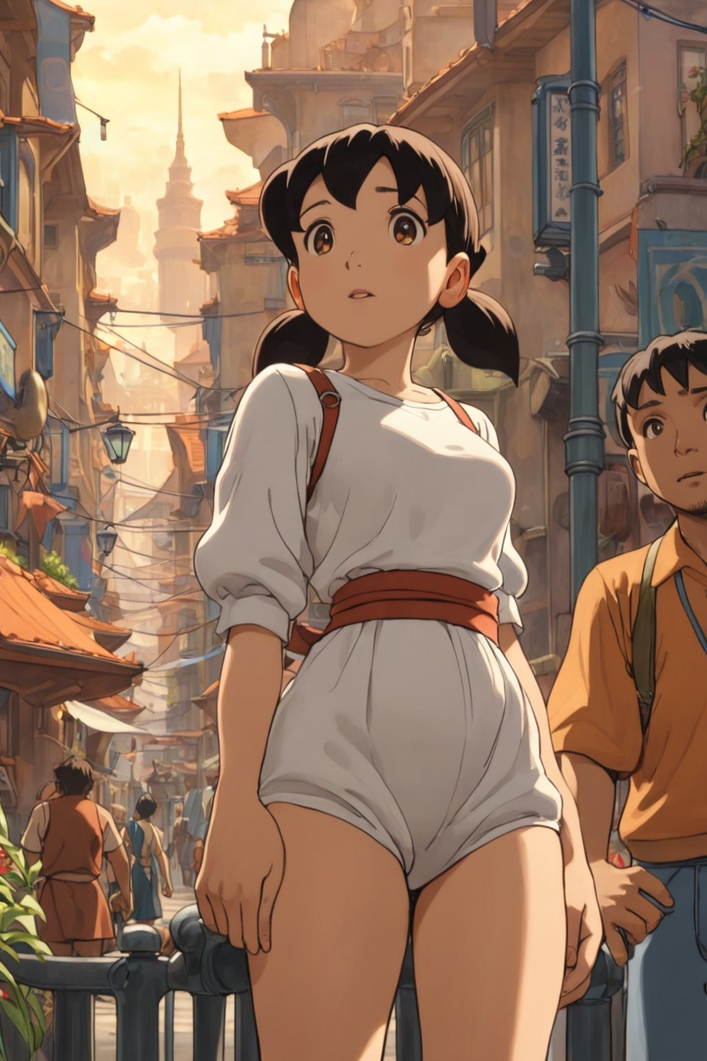 by Studio Ghibli, (by Alphonse Mucha:1.5), thick (science fiction scene:1.3) , looking away from camera, city, Selective focus, (masterpiece, award winning), minamoto shizuka, (low twintails:1.2), short hair, (blackhair, brown eyes), breasts,<lora:minamoto shizuka aam 905:0.6>