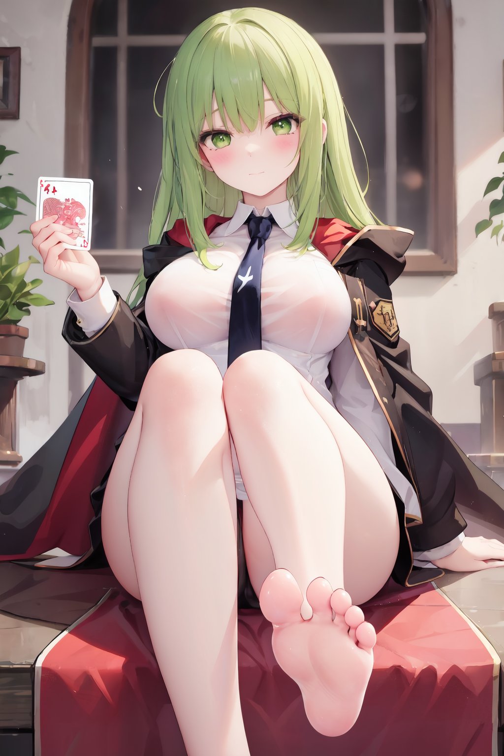 1girl,feet,breasts,green eyes,solo,green hair,barefoot,toes,large breasts,card,foot focus,holding,necktie,soles,looking at viewer,long hair,blush,holding card,bangs,sitting,legs,black necktie,thighs,long sleeves,shoes,jacket,closed mouth,cape,bare legs,white shirt,