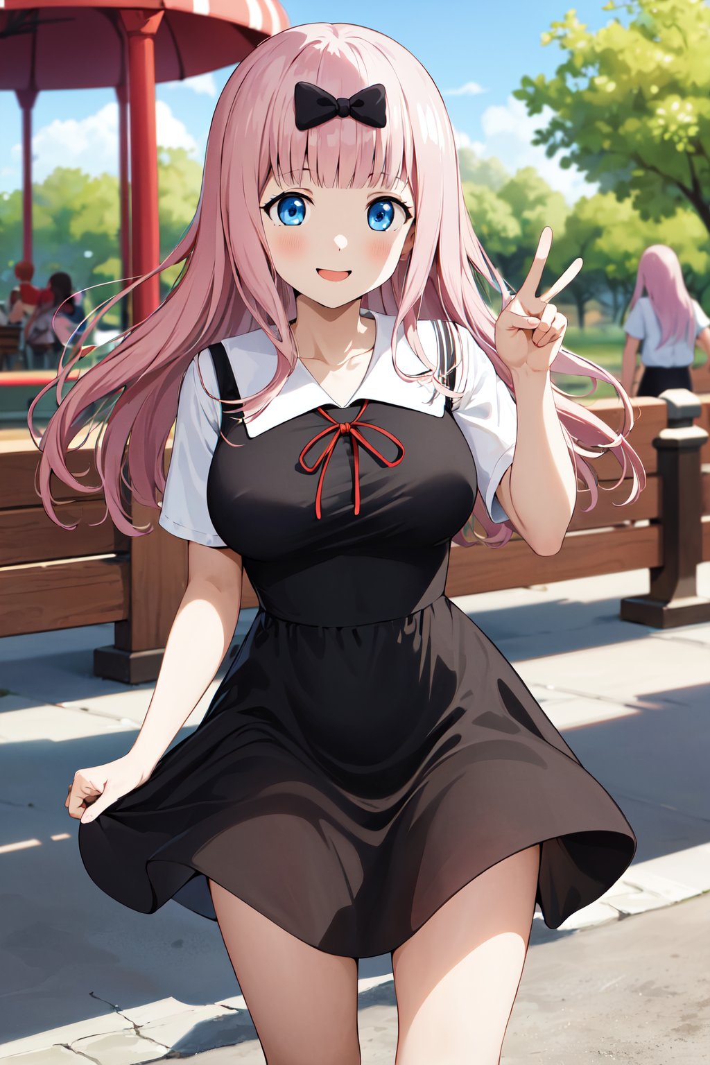 masterpiece, best quality, highres, aachika, long hair, hair bow, collarbone, summer uniform, neck ribbon, white shirt, pinafore dress, (black dress:1.2), short sleeves, black skirt, <lora:fujiwara_chika_v2:0.7>, peace sign, smile, amusement park, standing, cowboy shot,