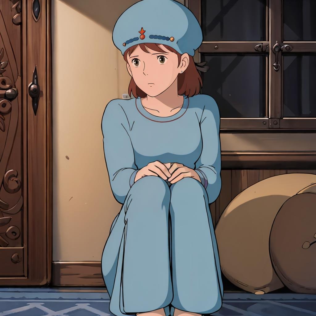 <lora:Nausicaa005:0.7>,Nausicaa,1girl,hat,blue loungewear,skirt,pants,indoors,