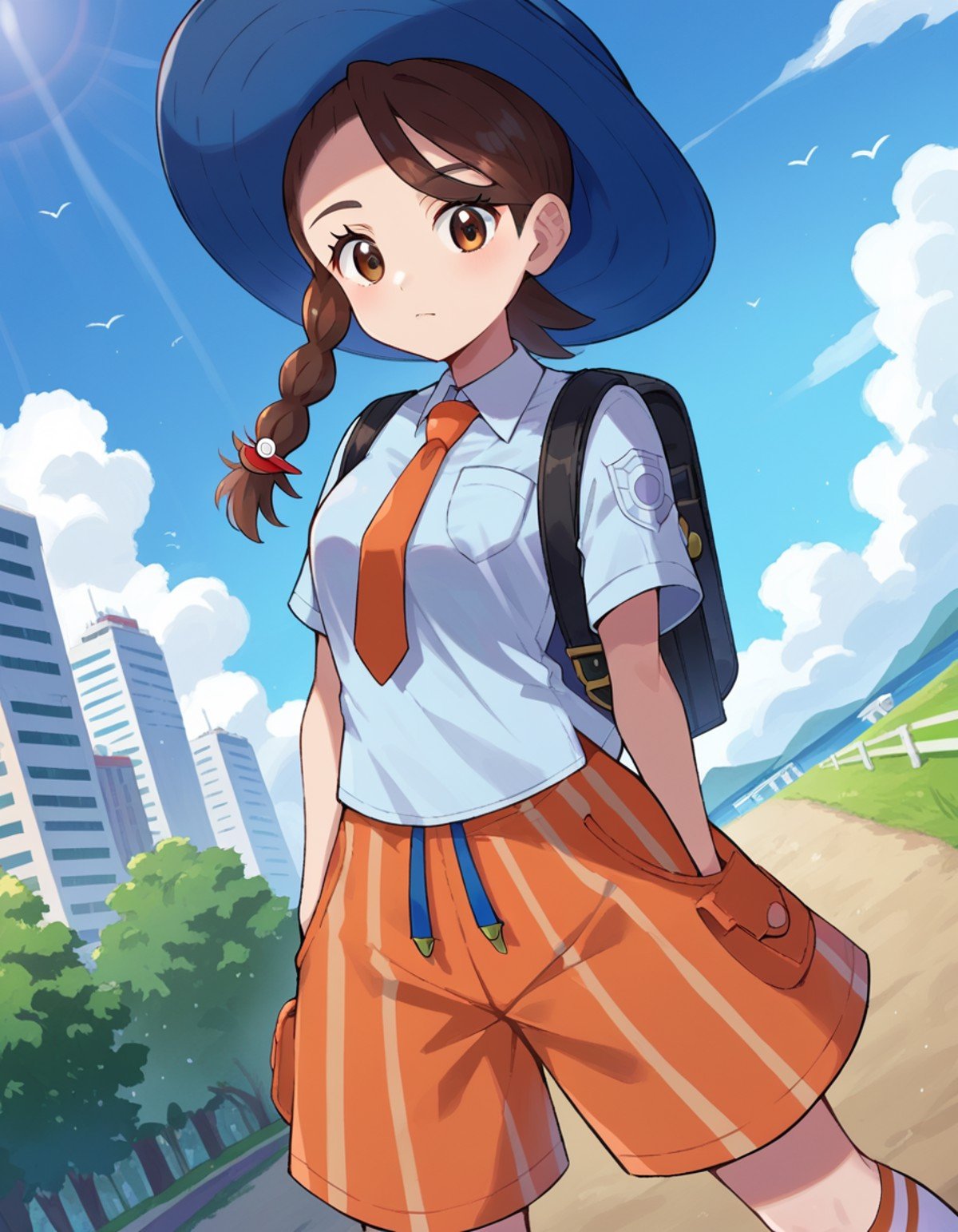 score_9, score_8_up, score_7_up, source_anime,pokemonjuliana, <lora:pokemon-juliana-ponyxl-lora-nochekaiser:1>pokemonjuliana, braid, brown eyes, brown hair, hair ornament, hairclip, side braid, single braid, swept bangs,backpack, bag, blue headwear, blue shirt, breast pocket, collared shirt, hat, kneehighs, naranja academy school uniform, necktie, orange necktie, orange shorts, pocket, school uniform, shirt, short sleeves, shorts, socks, striped, striped shorts, sun hat, white socks,outdoors, cityscape,looking at viewer, cowboy shot, dutch angle,