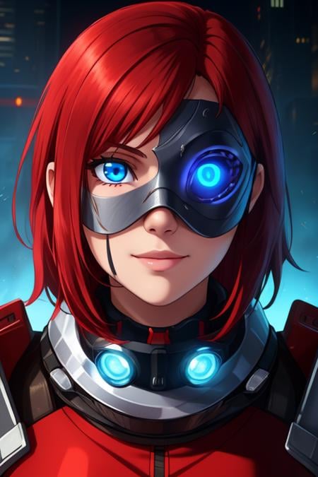 Beautiful detailed face, pretty teen girl, short messy red hair, big blue eyes, beautiful detailed face, red blue t-shirt, slight smile, sci-fi, assassin, covered face, metal mask, glowing eyes, exoskeleton, metallic, chrome, best quality, extremely detailed