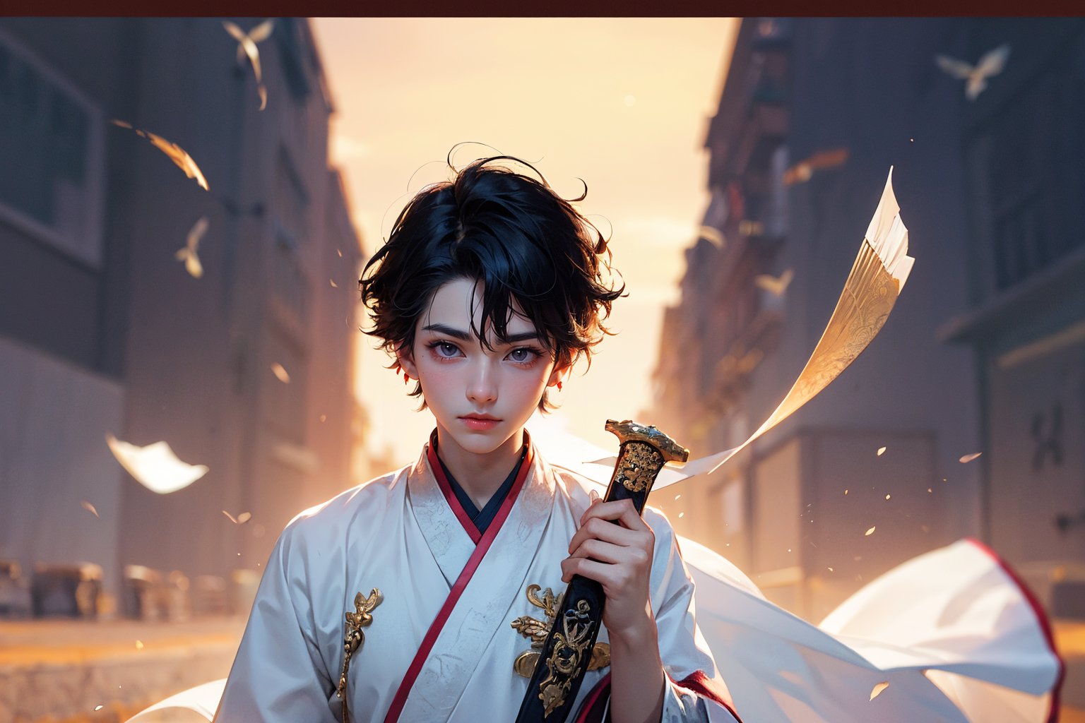 (masterpiece),(Best quality at best),Cinematic quality,Rendered by Octane,Ultra-detailed details,Wind magic,(1boy:1.5),Face of a young man,Facial detail portrayal,Perfect facial features,(The air is filled with wind blades:1.5),watch audience,(Ancient Chinese Hanfu:1.2),(holding a longsword:1.2),picture puzzle,(two people:1.2),(back to back),(white haired girl),(black haired boy),(white clad girl:1.1),(black clad boy:1.1),