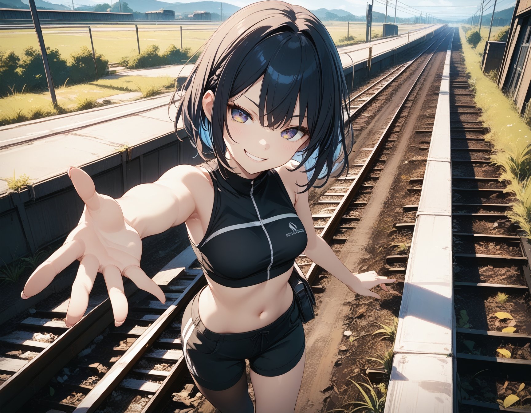 masterpiece, best_quality, BREAK1girl,smirk,crop_top,reaching,railroad,from_above,