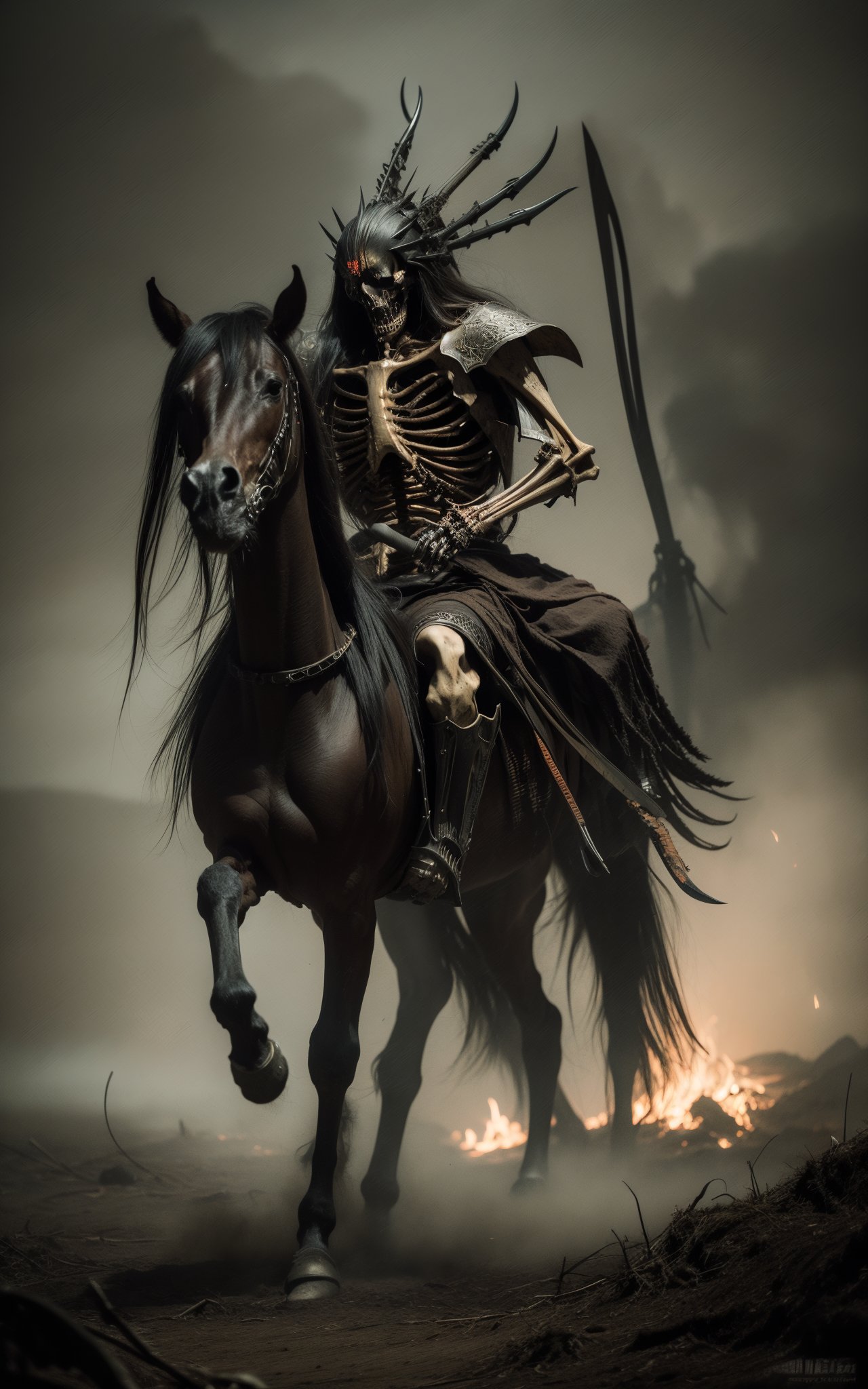 Dark Fantasy Art,"Firebolt",dark,moody,dark fantasy style,skeleton zombie horse,the horse's body is only skeleton,riding a horse with a skeleton,holding a tomahawk in his hand,braving the flames of hell,