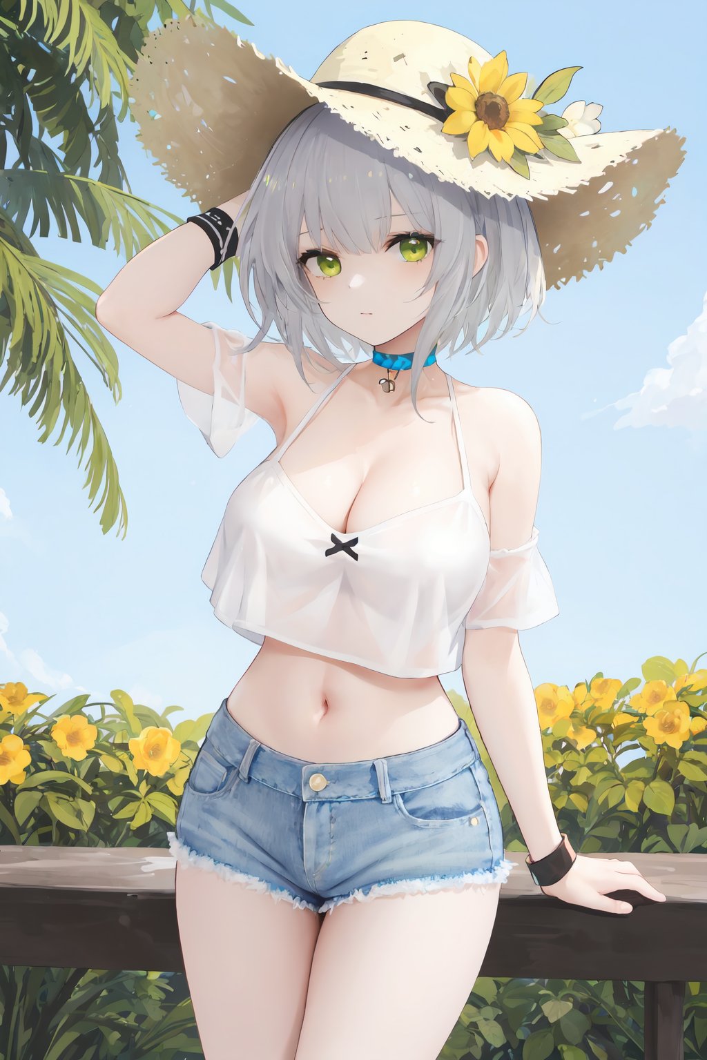 1girl, breasts, solo, green eyes, hat flower, kal'tsit \(arknights\), cleavage, large breasts, short hair, navel, looking at viewer, blue shorts, midriff, denim, Gray hair, choker, cowboy shot, bare shoulders, wristband, sun hat, crop top, bangs, short shorts, fruit, hand on headwear, food, medium hair, arm behind back, thighs, denim shorts, stomach, yellow flower, arm up, collarbone, agm style, hy45seo, fryh127sa, segtb453qok, fgn42yma, kef45ft1