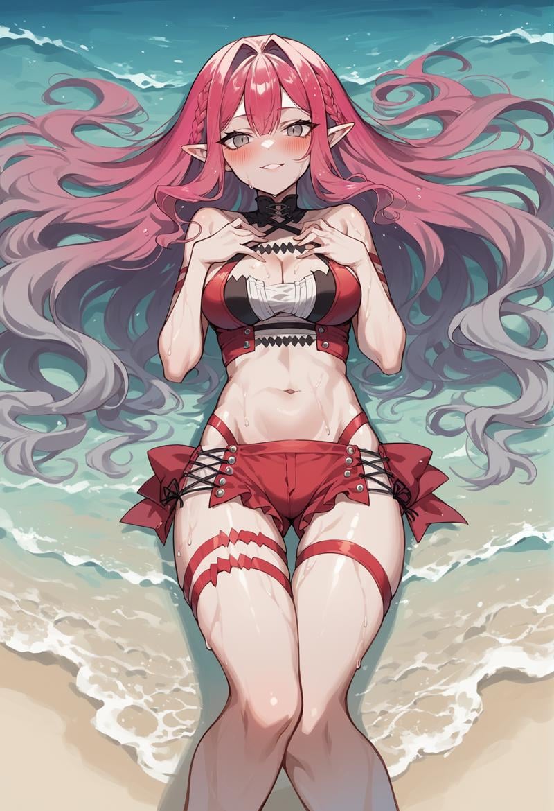 1girl, grey skin, colored skin, pale skin, pointy ears, pink hair, very long hair, grey eyes, multicolored hair, gradient hair, grey hair, short dress, cleavage, (navel), Thigh Strap, Platform Footwear, outdoors, sweat, beach, sexy pose, shore, laying, on back, seductive smile, shore, from above, blushing, wet <lora:bob:1>, score_9, score_8_up, score_7_up, score_6_up, score_5_up, score_4_up, BREAK source_anime, masterpiece