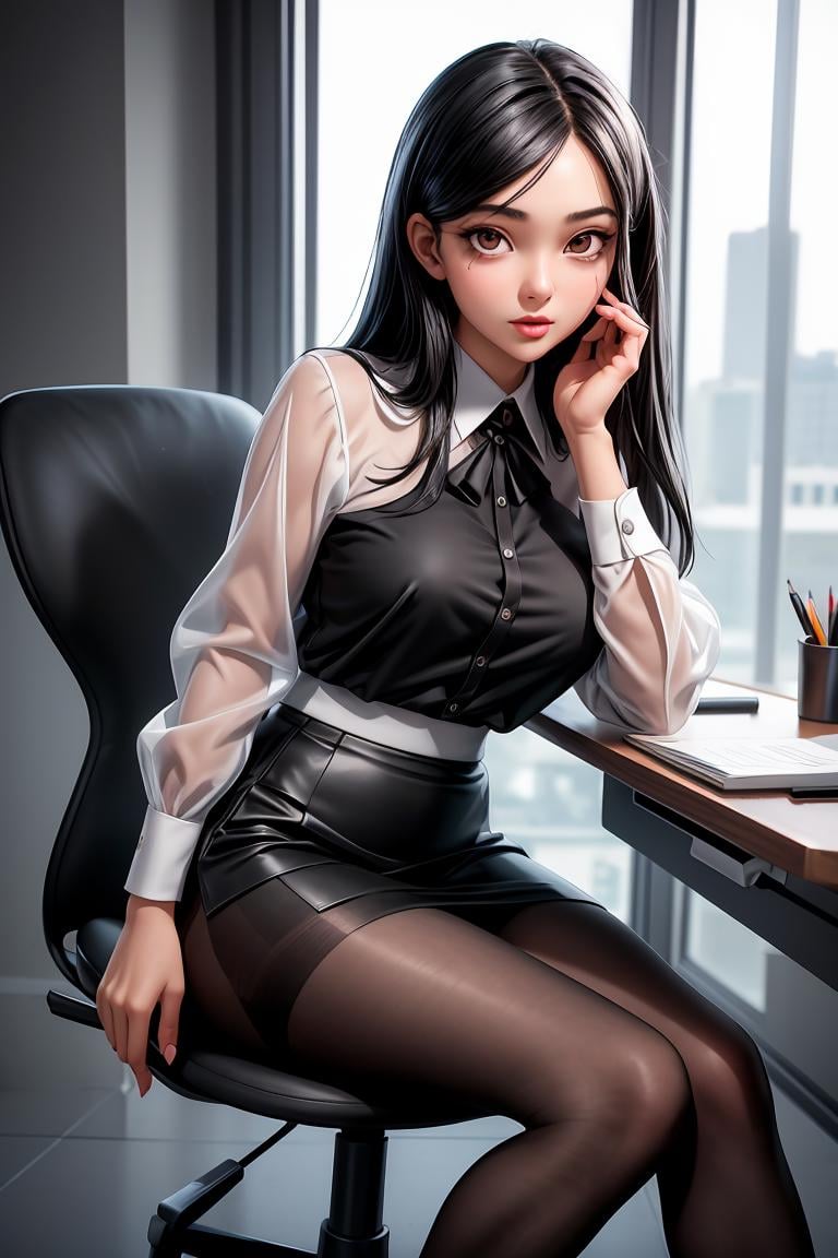 (masterpiece, best quality), a young black haired girl office secretary dressed in a transparent white blouse and black office skirt and black pantyhose ,sitting in an office chair, holding pencil, (detailed skin:1.3),(detailed eyes), (sharp focus), <lora:add_detail:1>