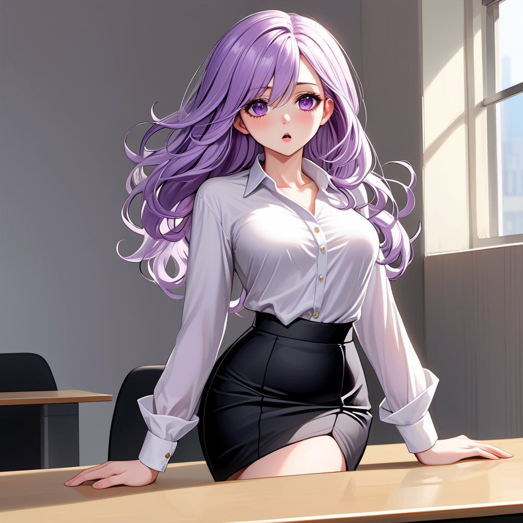 Masterpiece,  high quality, 1 pretty,  lovely girl,  white skin,  light purple hair,  shoulder-length hair,  light curls,  wearing a white shirt and a long black pencil skirt,  (((anguished)))),  Super Detail,  Full HD