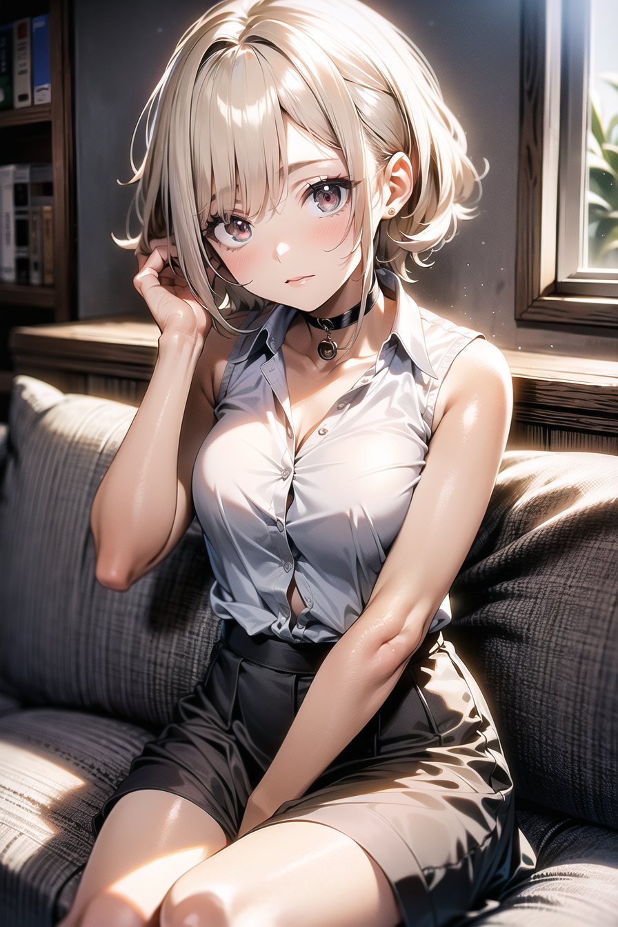 best quality, ultra high res, 1girl, sleeveless white button shirt, black skirt, black choker, cute,(platinum blonde hair:1), ((puffy eyes)), looking at viewer