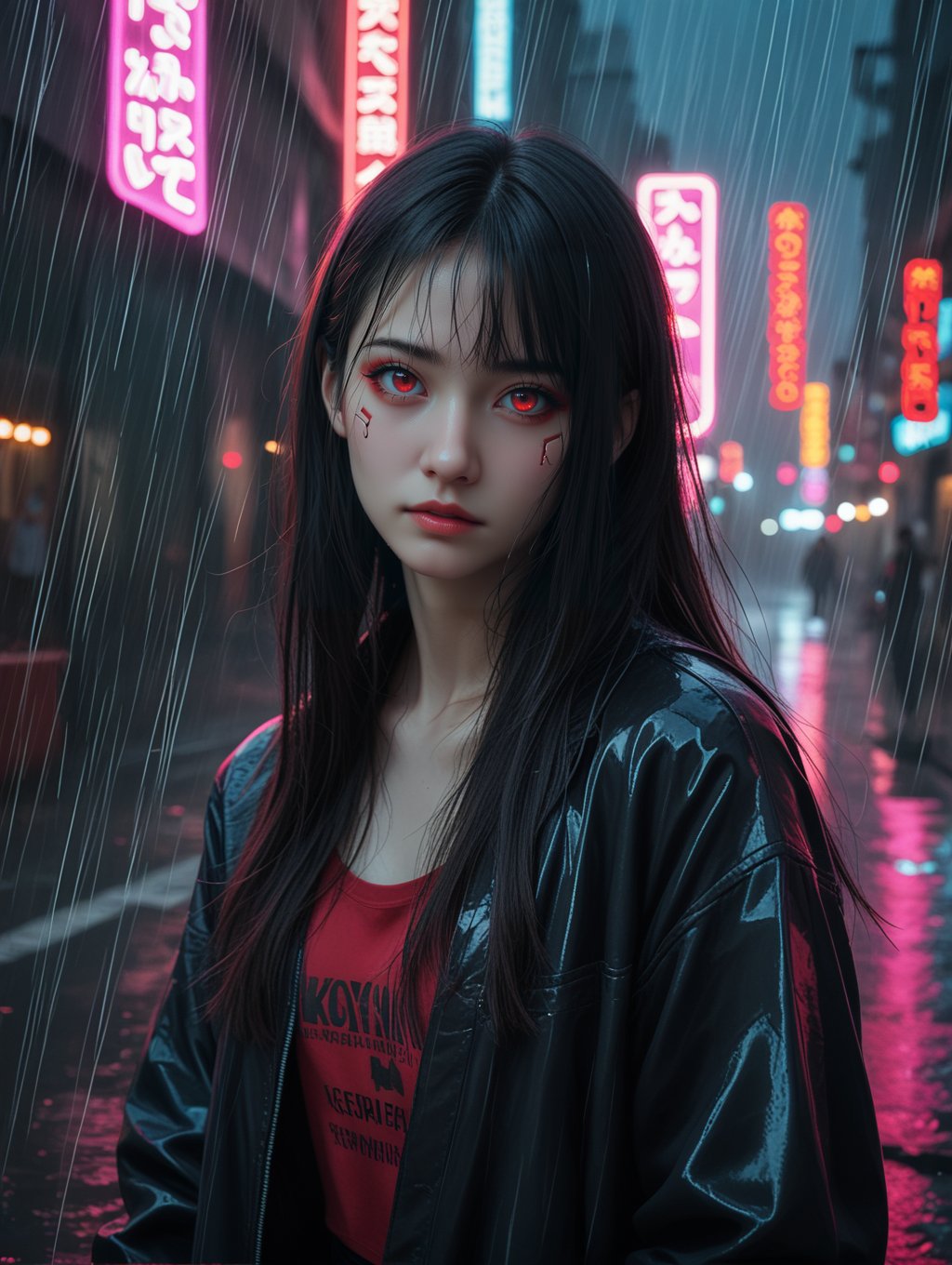 score_9, score_8_up, score_7_up,source_real,rating_explicit,BREAKneon noir 1girl, long hair, black hair, red eyes . cyberpunk, dark, rainy streets, neon signs, high contrast, low light, vibrant, highly detailed