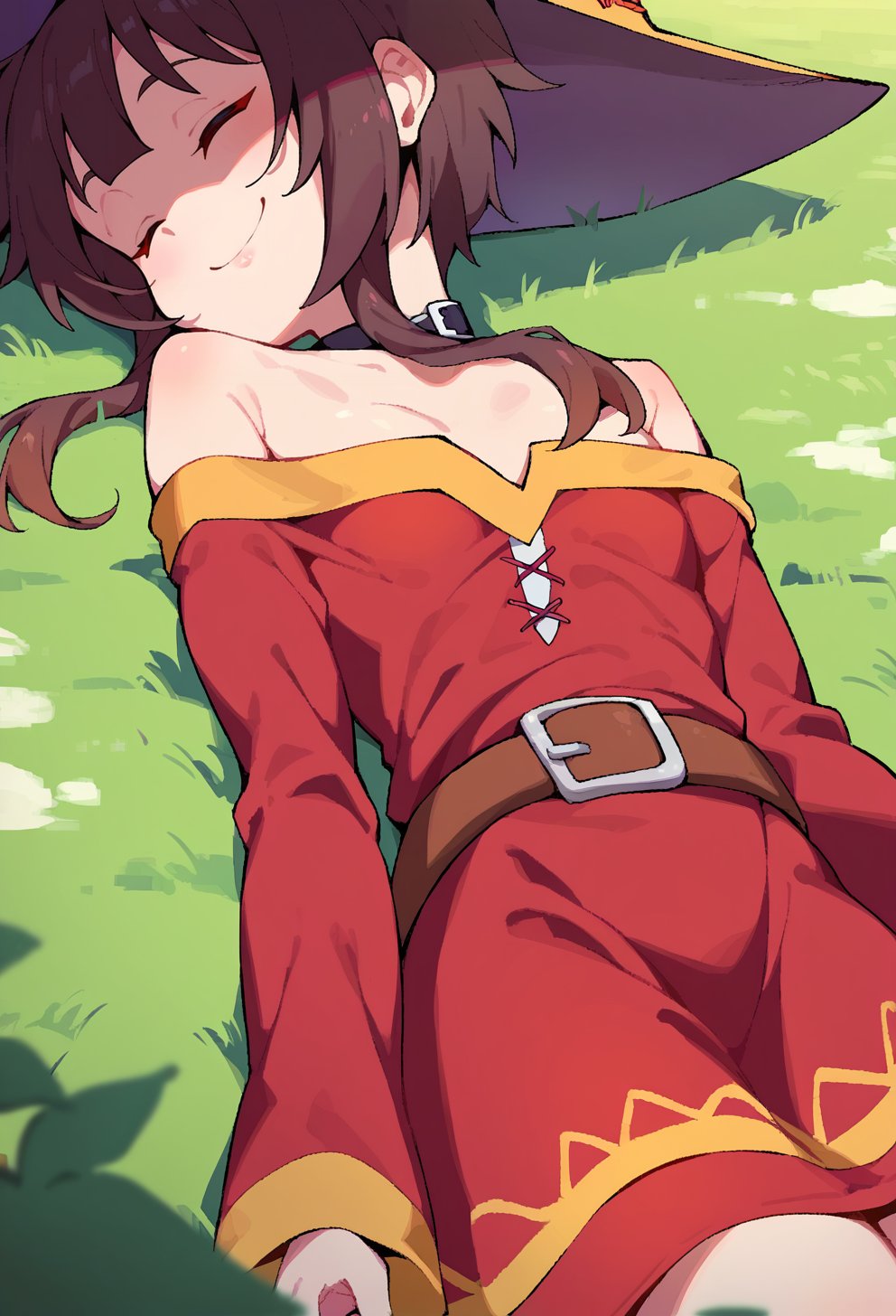 score_9, score_8_up, score_7_up, score_6_up, source anime, BREAK<lora:konosuba_megumin:0.8> nimugempnxl, megumin, 1girl, solo, short hair with long locks, small breasts, close-up,off shoulder dress, witch hat, on grass, outdoors, sleeping, snoring, smile