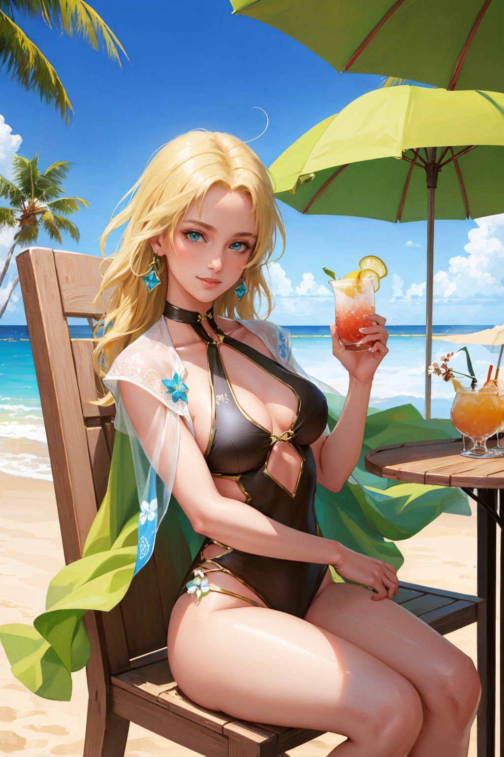 masterpiece, best quality, feSelena, green capelet, one-piece swimsuit, flower, shiny skin, table, beachside, sand, chair, cocktail, palm trees, sitting, looking at viewer, parasol, smile <lyco:selena-nvwls-v2-000008:0.9>