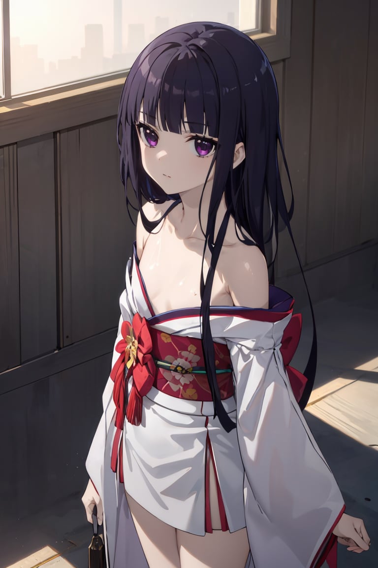 masterpiece, best quality, ultra-detailed, glistening shiny, glowing light, ray tracing, HDR, deph of field, (perfect face, detailed face), <lora:ShirakiinRirichiyo:0.7>, ririchiyo, black hair, long hair, flat chest, kimono, off shoulders, bare legs, standing