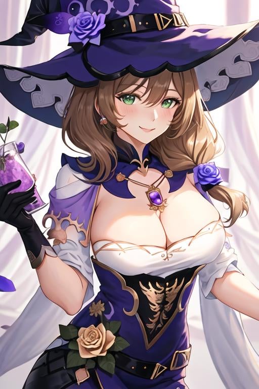 best quality, masterpiece, highres, solo, {lisa_genshin:1.15}, long_hair, green_eyes, bangs, brown_hair, flower, breasts, smile, hat, rose, cleavage, large_breasts, purple_flower, witch_hat, hair_between_eyes, purple_headwear, hair_ornament, jewelry, hair_flower, purple_rose, hat_flower, blush