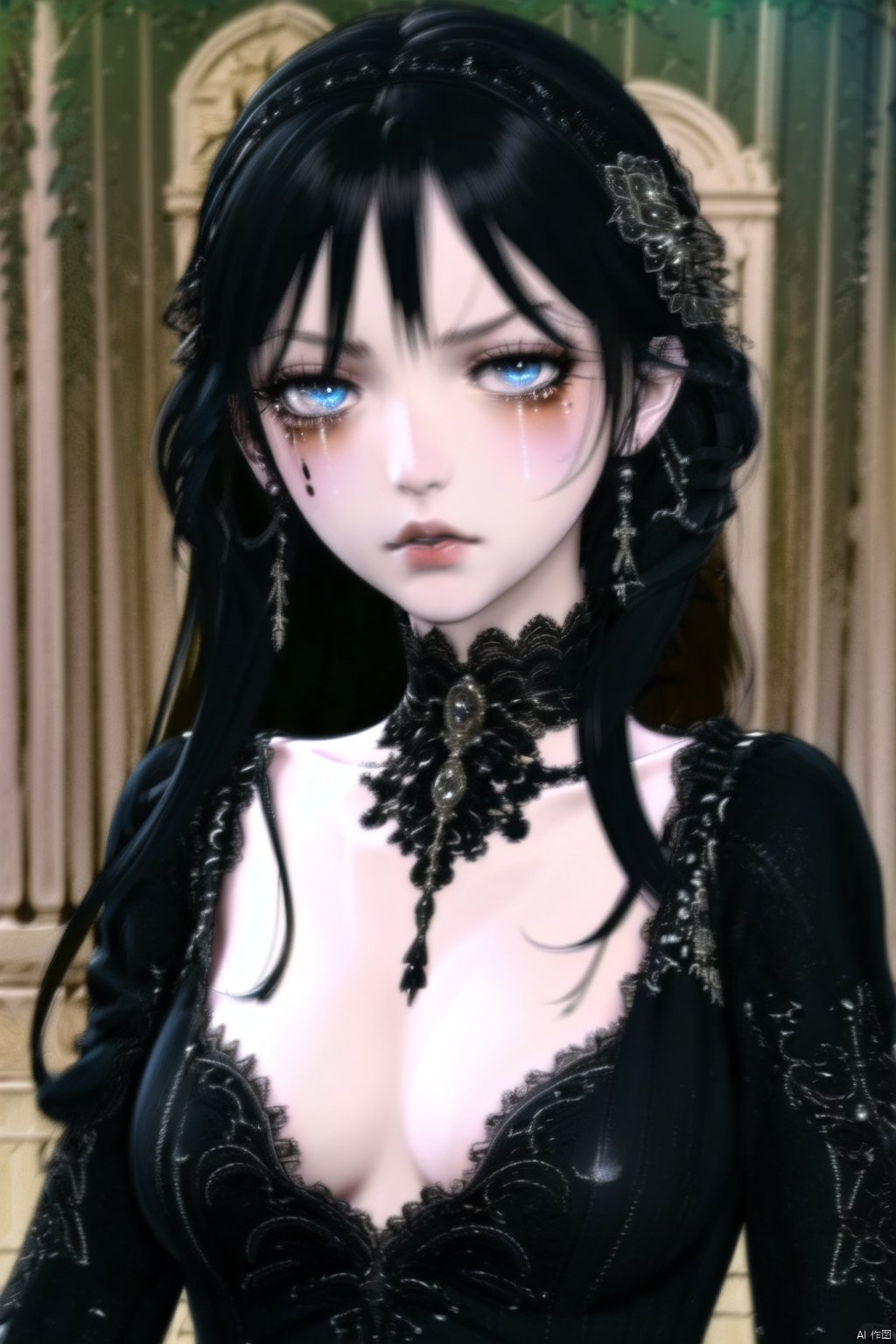 ((masterpiece)), (((best quality))), ((ultra-detailed)),,,looking at the viewer,beautiful detailed eyes,,the upper body,black eye_shadow, breast out, nsfw, clothes slip,,(beautiful detailed eyes),expressionless,blank stare,mole under eye,tear ,,outdoor,qzfp,black hair,loli,aged_down<lora:EMS-3997-EMS:0.500000>, <lora:EMS-264918-EMS:0.700000>