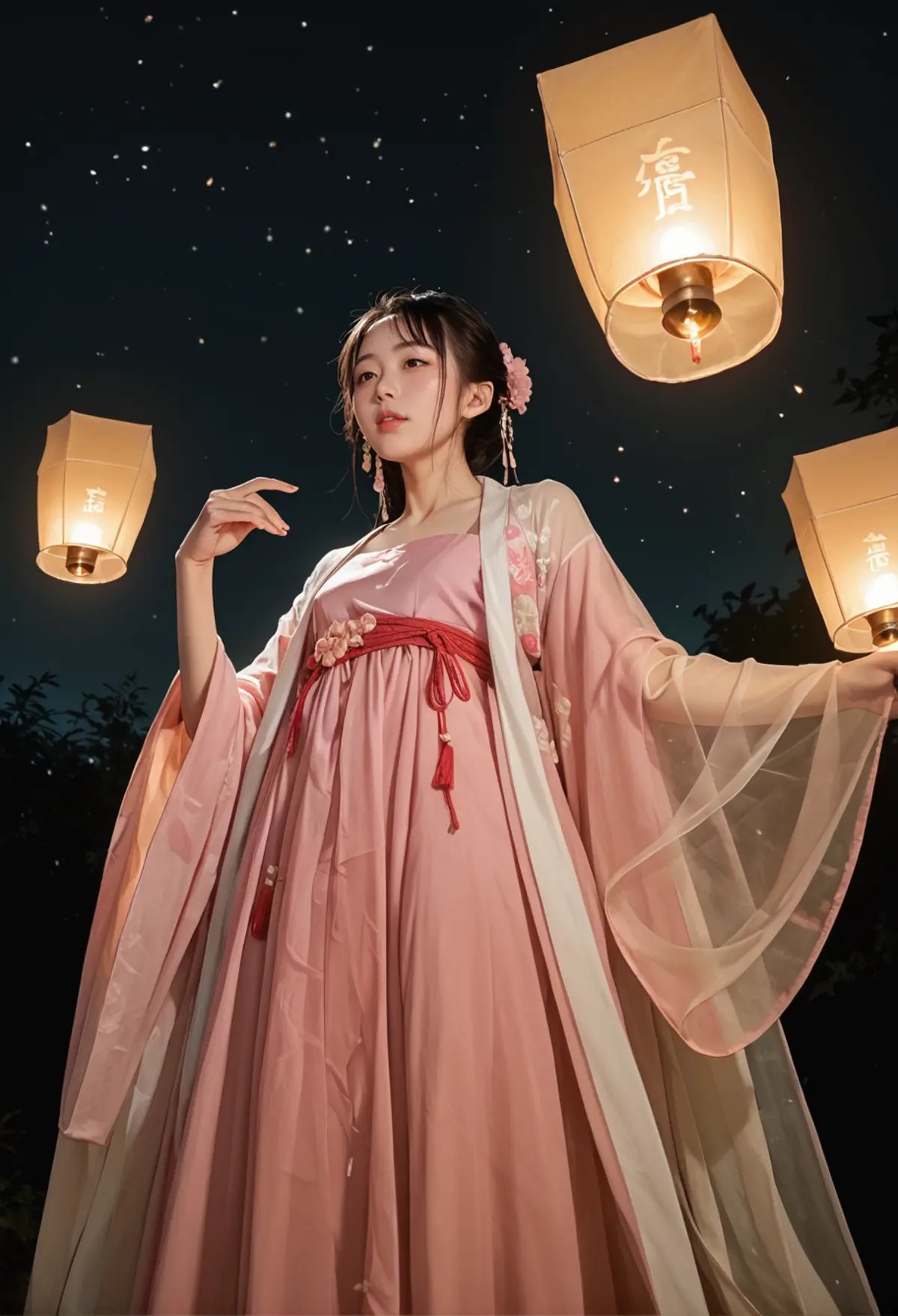 ,ruanyi0799,lantern,glowing,night sky,no humans,from below,,ruanyi0758,hanfu,pink dress,see-through,shawl,wide sleeves,jewelry,<lora:0799 Kongming lantern_v1_pony:1>,<lora:0758 Peach Blossom Hanfu_v1_pony:0.7>, score_9,score_8_up,score_7_up,,8k,1girl,solo,,