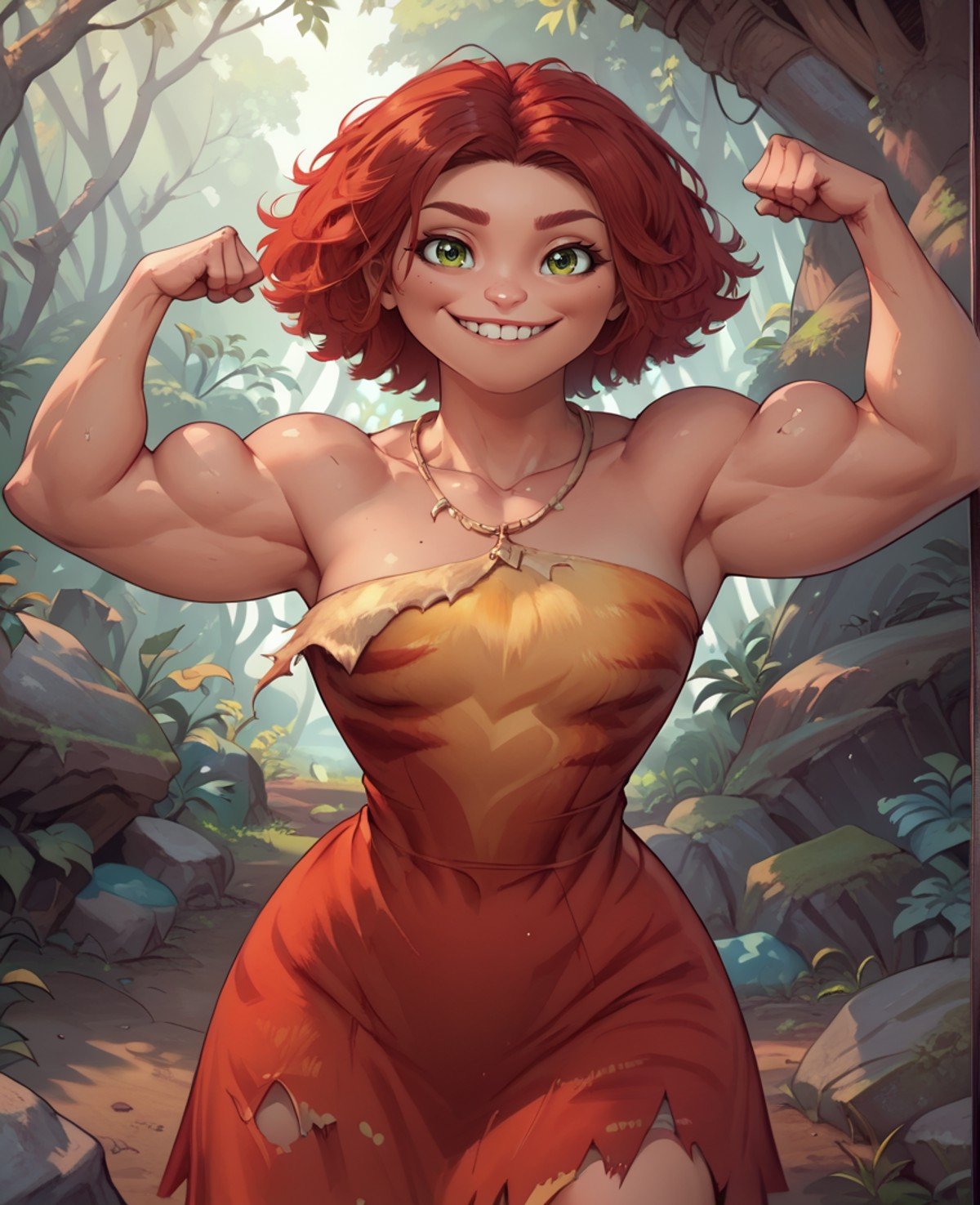 score_9,score_8_up,score_7_up,score_6_up,eepxl,red hair,green eyes,short hair,looking at viewer,flexing,biceps,Dress,necklace,bare shoulders,animal print,torn clothes,smile,rocky forest,<lora:Eep:0.9>,