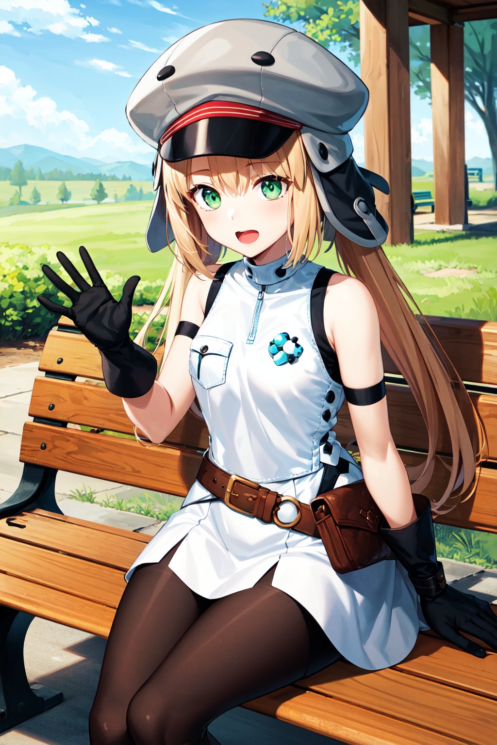 masterpiece, best quality, highres, aacaster, long hair, twintails, ushanka, grey headwear, green eyes, bare shoulders, white shirt, sleeveless dress, brown gloves, brown belt, pouch, black pantyhose, <lora:artoria_caster_(caster)_v1:0.7>, sitting, bench, waving, open mouth, 