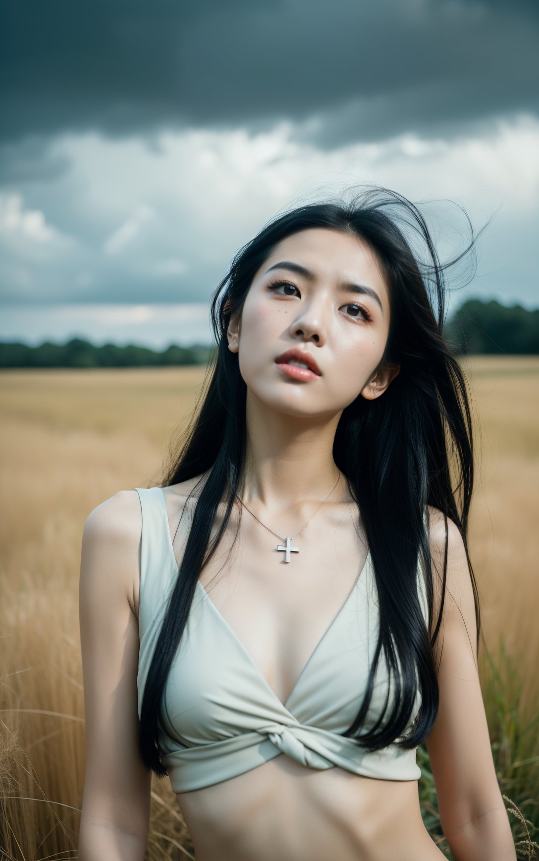 a woman with long hair standing in a field of grass with a cloudy sky in the background and a bird flying overhead,1girl,solo,jewelry,long hair,black hair,necklace,realistic,breasts,upper body,black eyes,outdoors,lips,cross,day,small breasts,nose,,