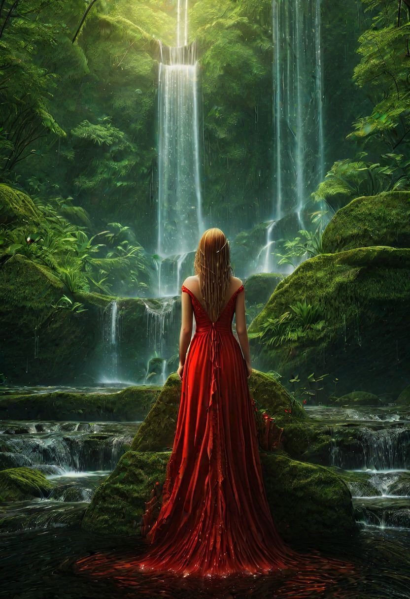 a woman in a red dress standing in front of a waterfall in a forest with a waterfall in the background, fantasy, enchanting, detailed