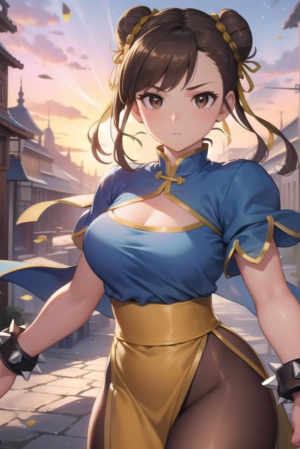 chunli, <lora:chun li v2-lora-nochekaiser:1>,chun li, (brown eyes:1.7), brown hair, (bun cover:1.5), double bun, eyeliner, hair bun, lipstick, makeup, pink lips,BREAK blue dress, boots, bracelet, brown pantyhose, china dress, chinese clothes, cross-laced footwear, dress, gold trim, jewelry, pantyhose, pelvic curtain, puffy sleeves, sash, short sleeves, side slit, spiked bracelet, spikes, white footwear,BREAK outdoors,BREAK looking at viewer, full body,BREAK <lyco:GoodHands-beta2:1>, (masterpiece:1.2), best quality, high resolution, unity 8k wallpaper, (illustration:0.8), (beautiful detailed eyes:1.6), extremely detailed face, perfect lighting, extremely detailed CG, (perfect hands, perfect anatomy),