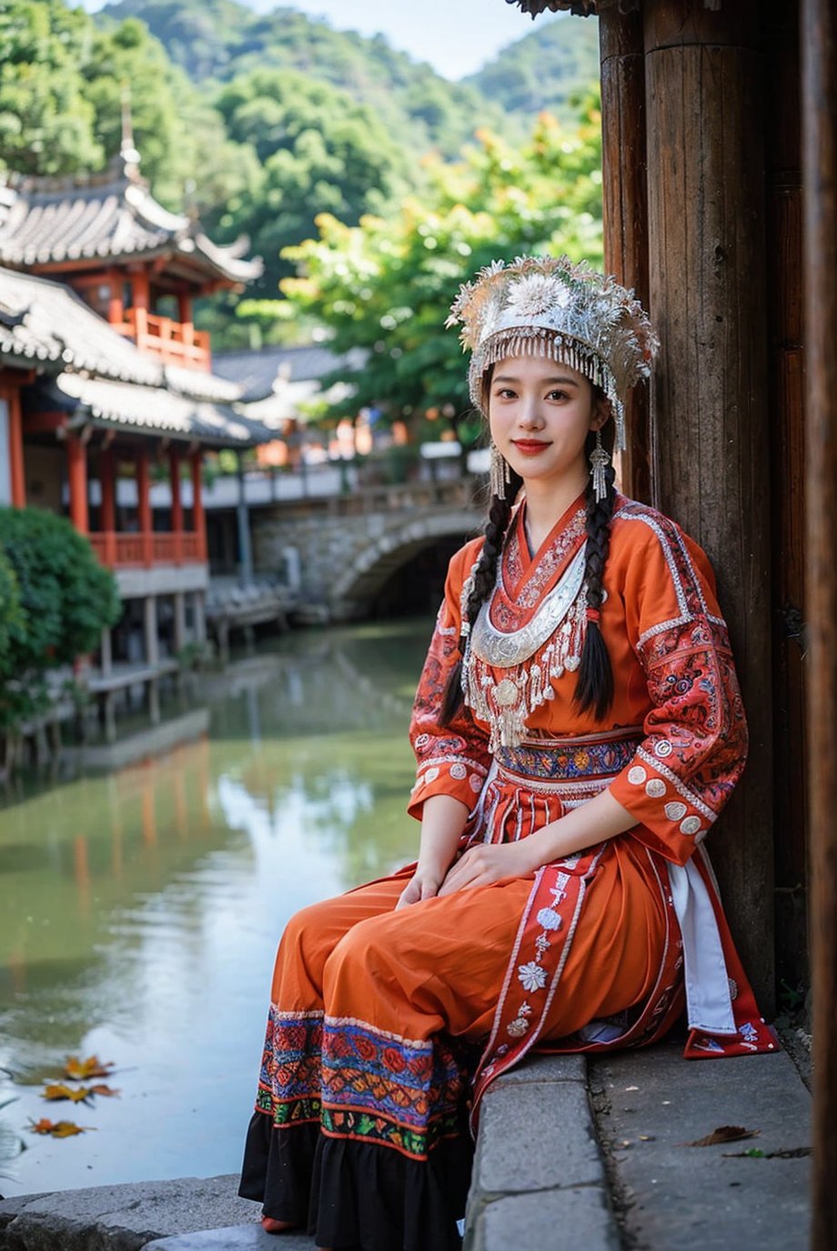 (karst topography),Taoist temple,(blurry foreground:1.5),(1 girl:2,),looking at viewer, light smile,day,((maple leaves)),Taoist temple,river valley,hdr, photorealism, masterpiece quality, best quality, pureerosface_v1,  <lora:YG红色苗疆服饰:0.75>,