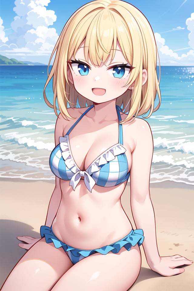 insanely detailed, absurdres, ultra-highres, ultra-detailed, best quality,(wearing pastel blue pink bikini with checked pattern with frills:1.3),1 girl, solo, happy smile, laugh, open mouth,BREAKsitting on beach, dynamic pose, cowboy shot, looking at viewer,slender, kawaii, perfect symmetrical face, ultra cute girl, ultra cute face, ultra detailed eyes, ultra detailed hair, ultra cute, ultra beautiful,BREAKbeach, coast, ocean, blue sky, cloud, outdoor, ultra detailed background,large breasts, cleavage, (blonde medium hair, blue eyes:1.2)