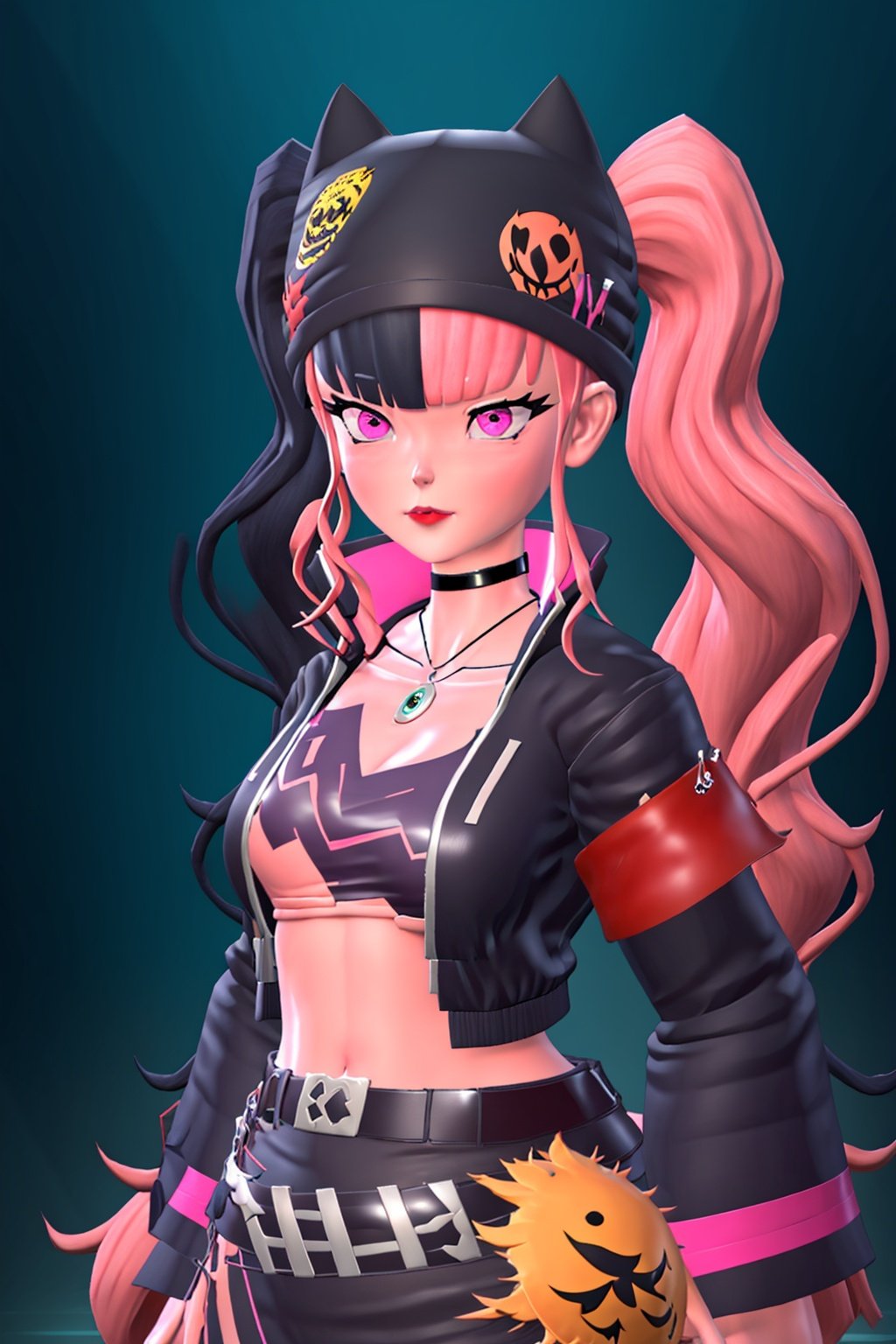 <lora:zoe1-000010:0.8>,(shy),ZOE,1girl,jacket,multicolored hair,twintails,solo,black hair,black belt,black jacket,pink eyes,belt,hat,pink hair,choker,black choker,looking at viewer,crop top,jewelry,breasts,necklace,bangs,long hair,black headwear,, masterpiece, best quality,