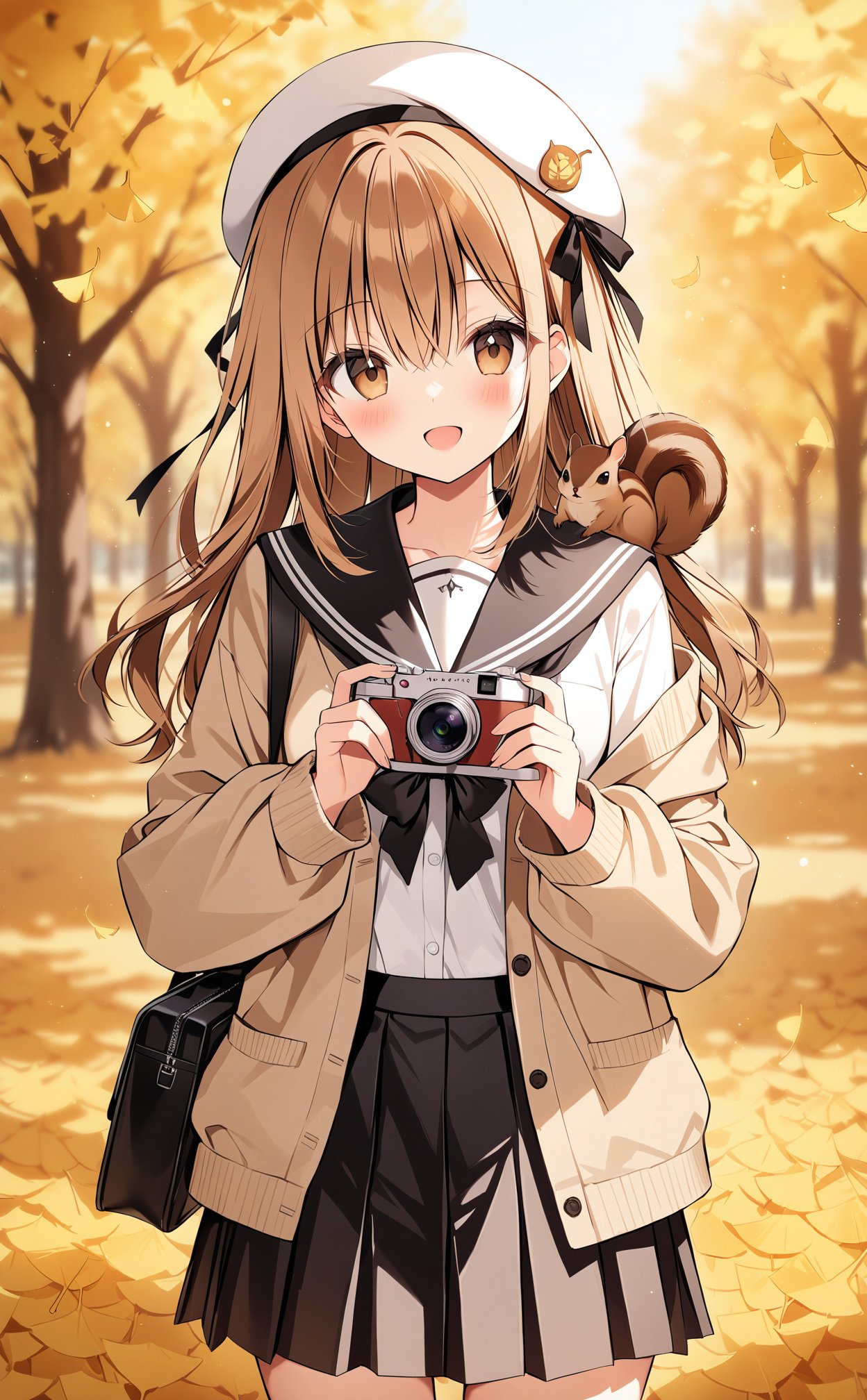 (masterpiece), (best quality), illustration, ultra detailed, hdr, Depth of field, (colorful),Artist weri, 1girl, skirt, holding, smile, long hair, solo, bangs, hat, brown eyes, pleated skirt, camera, holding camera, long sleeves, school uniform, :d, black skirt, sailor collar, looking at viewer, serafuku, squirrel, blush, open mouth, bag, animal, beret, leaf, open clothes, shirt, autumn leaves, blurry, white shirt, brown hair, animal on shoulder, white headwear, ribbon, black bow, hair ribbon, black ribbon, blurry background, hair between eyes, bow, outdoors, cardigan, ginkgo leaf, autumn, puffy long sleeves, off shoulder, black sailor collar, cowboy shot, depth of field, open cardigan, standing, shoulder bag