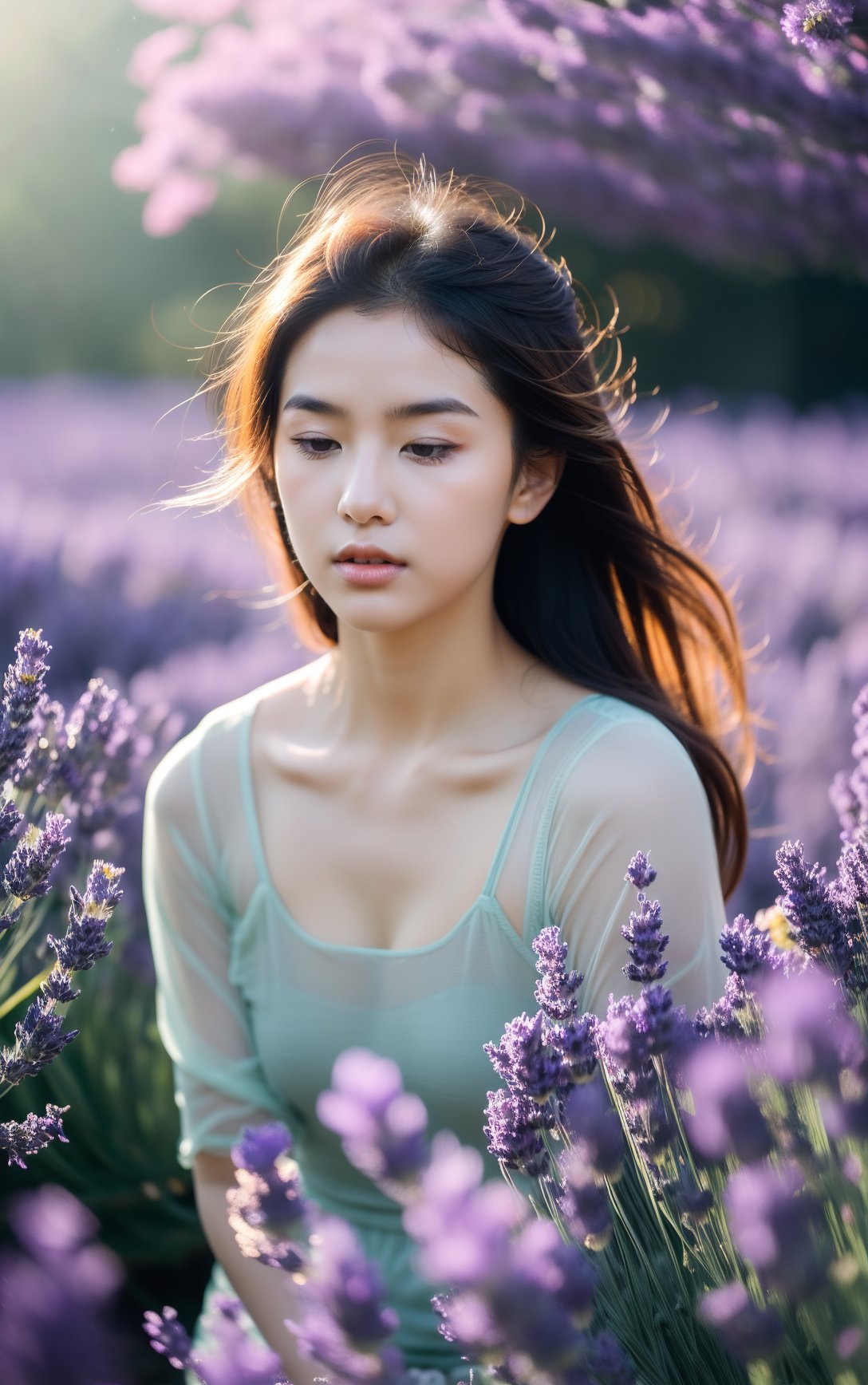 The sunlight filters through the leaves, casting a warm glow over everything. The scent of the lavender permeates the air, creating a peaceful and serene atmosphere. The girl is surrounded by a sea of purple, as the flowers sway gently in the wind, almost as if they are dancing with her. Bees buzz in the distance, adding to the tranquility of the scene.,