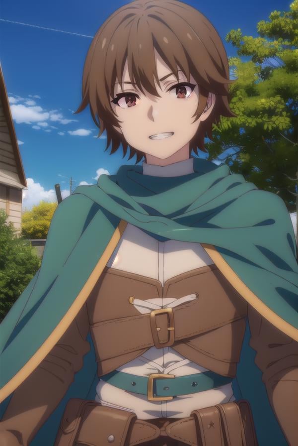 keyaru, <lora:keyaru s1-lora-nochekaiser:1>,keyaru, short hair, (brown eyes:1.5), brown hair, male focus, smile, grin,BREAK cape, armor,BREAK outdoors, forest, nature, grass, trees, sun, sky, clouds,BREAK looking at viewer, (cowboy shot:1.5),BREAK <lyco:GoodHands-beta2:1>, (masterpiece:1.2), best quality, high resolution, unity 8k wallpaper, (illustration:0.8), (beautiful detailed eyes:1.6), extremely detailed face, perfect lighting, extremely detailed CG, (perfect hands, perfect anatomy),