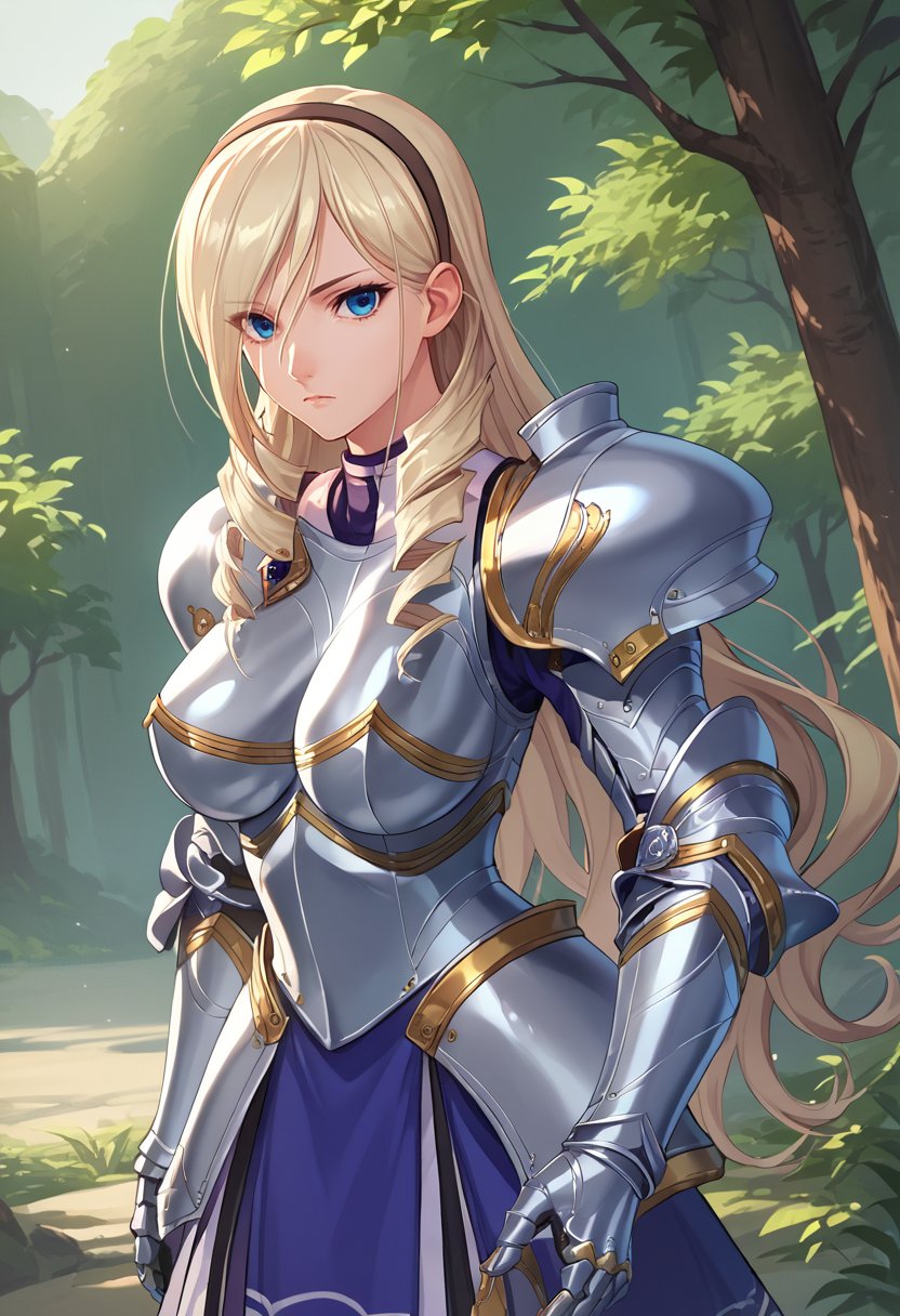 score_9, score_8_up, score_7_up, source_anime, solo, 1girl, celia aintree, expressionless, looking at viewer, standing, drill hair, hairband, armor, breastplate, gauntlets, blue skirt, large breasts, outdoors <lora:walkureromanze_aintree_ponyXL:1>